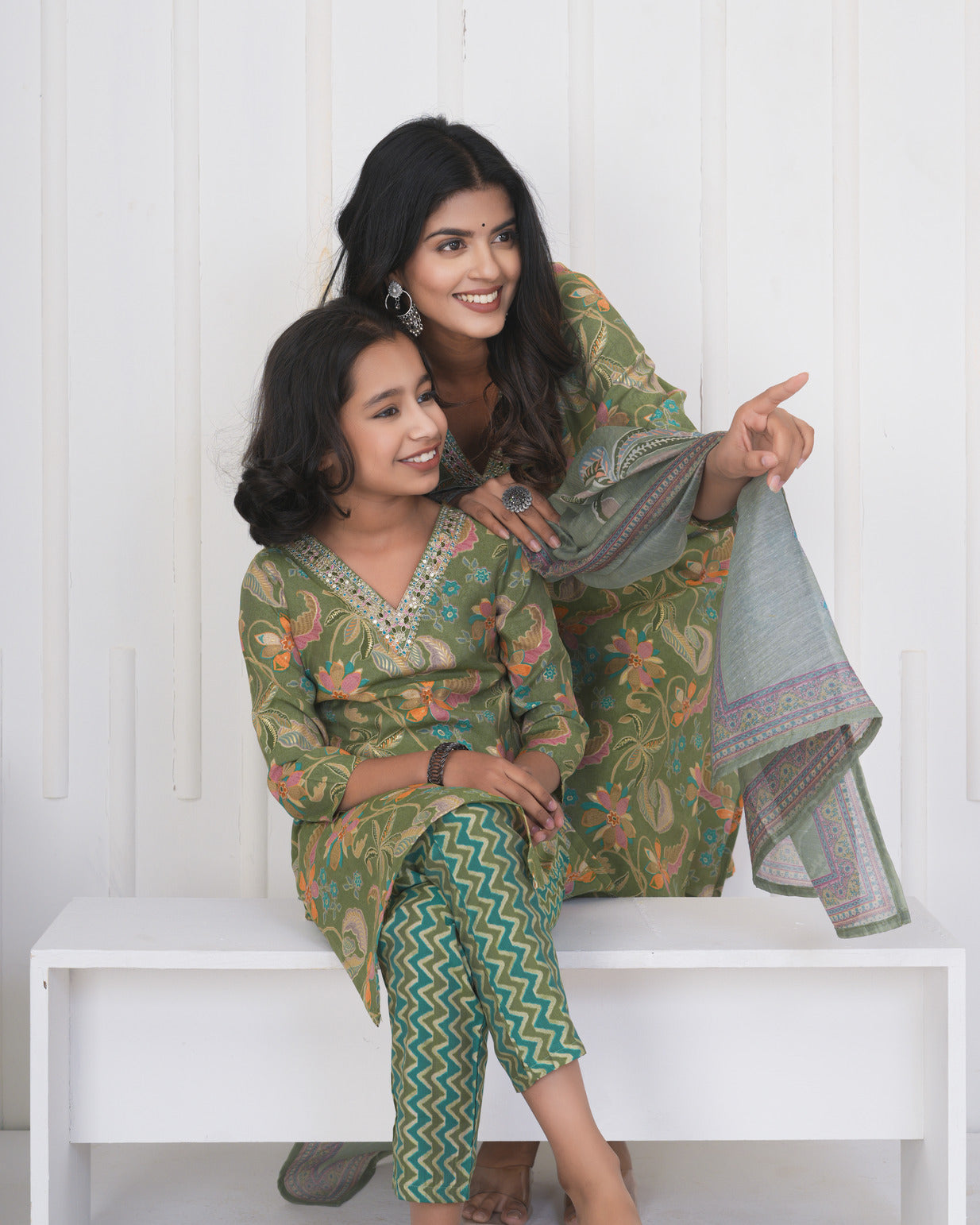 Green Floral Embroidered and Embellished Maslin Suit Set