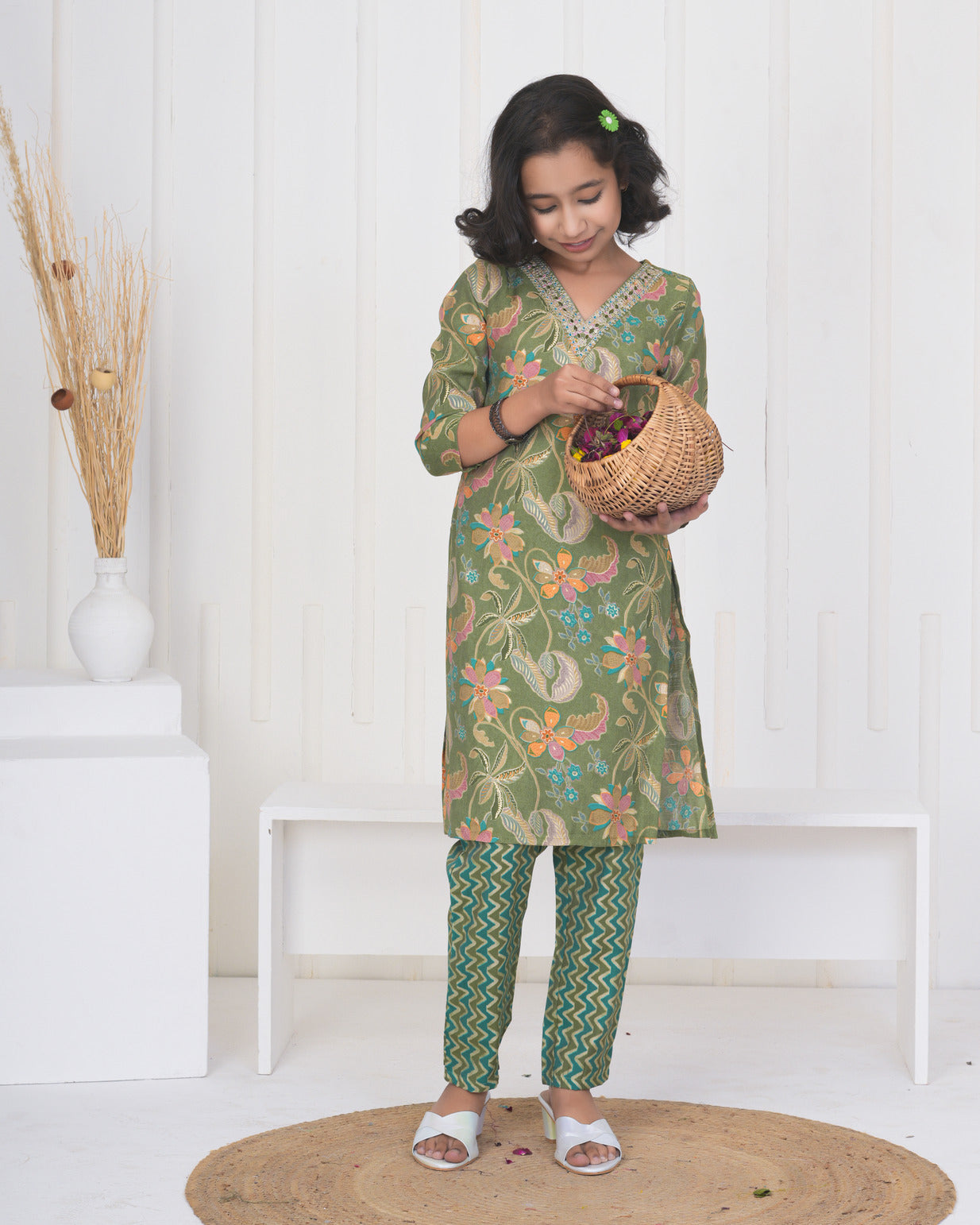 Green Floral Embroidered and Embellished Maslin Suit Set