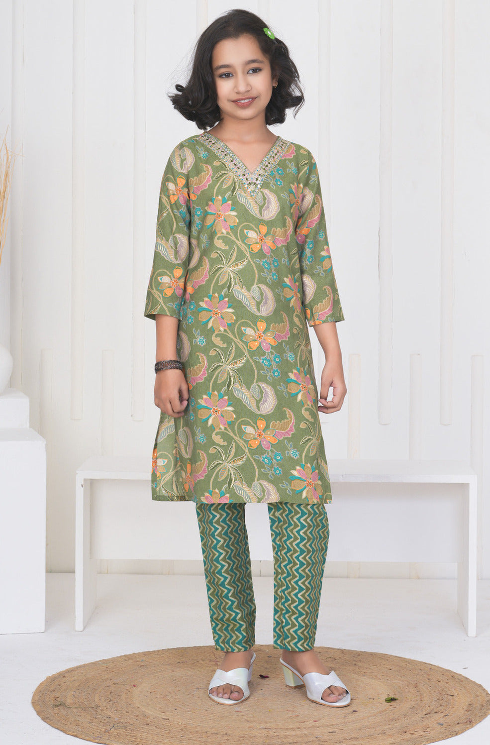 Green Floral Embroidered and Embellished Maslin Suit Set