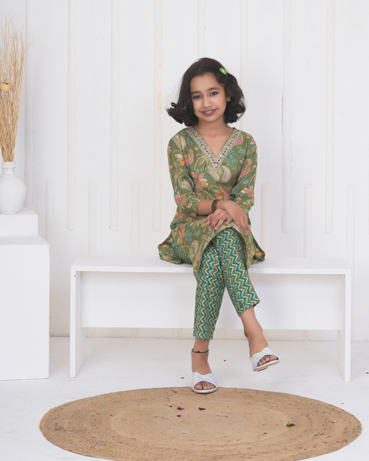 Green Floral Embroidered and Embellished Maslin Suit Set