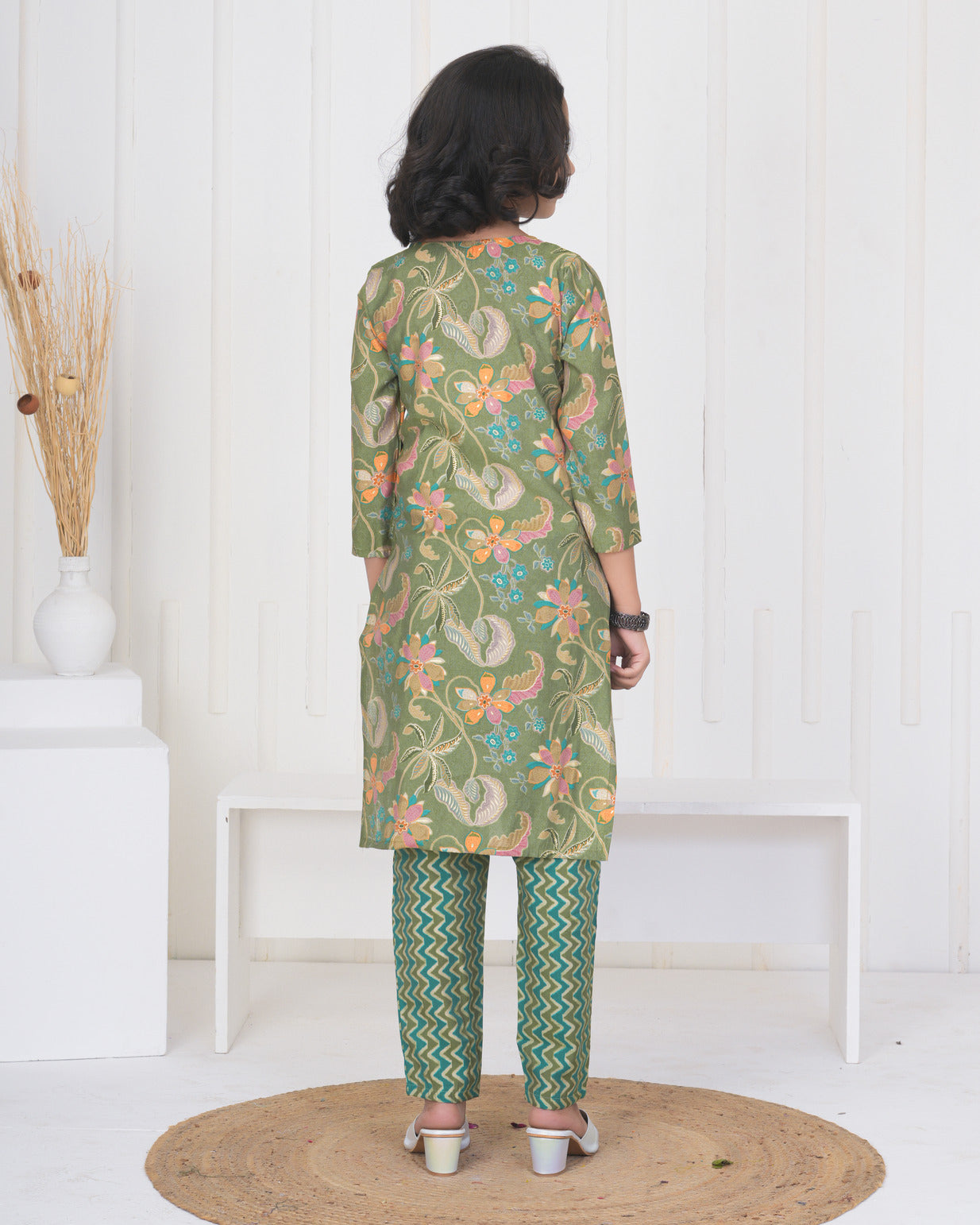 Green Floral Embroidered and Embellished Maslin Suit Set