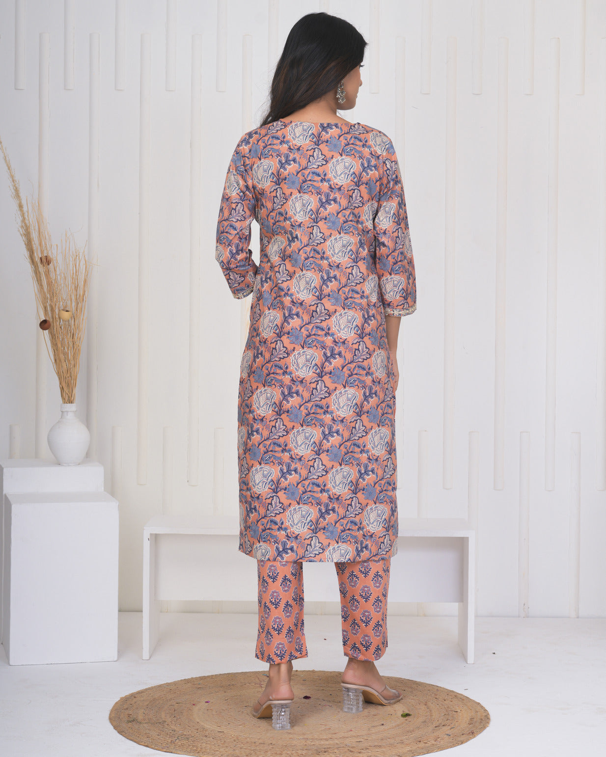 Peach With Floral Cotton Suit Set