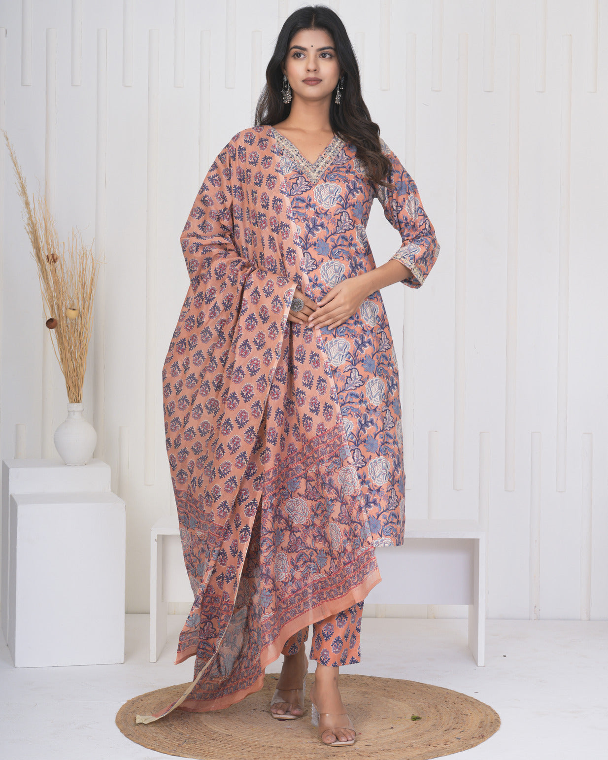 Peach With Floral Cotton Suit Set