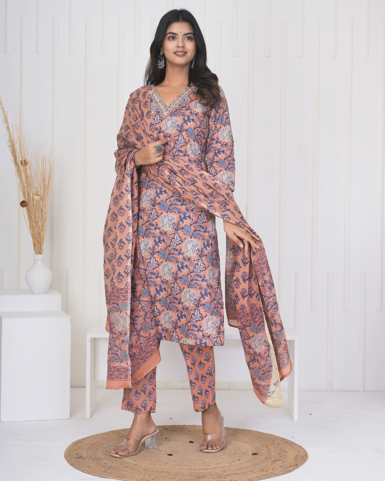 Peach With Floral Cotton Suit Set