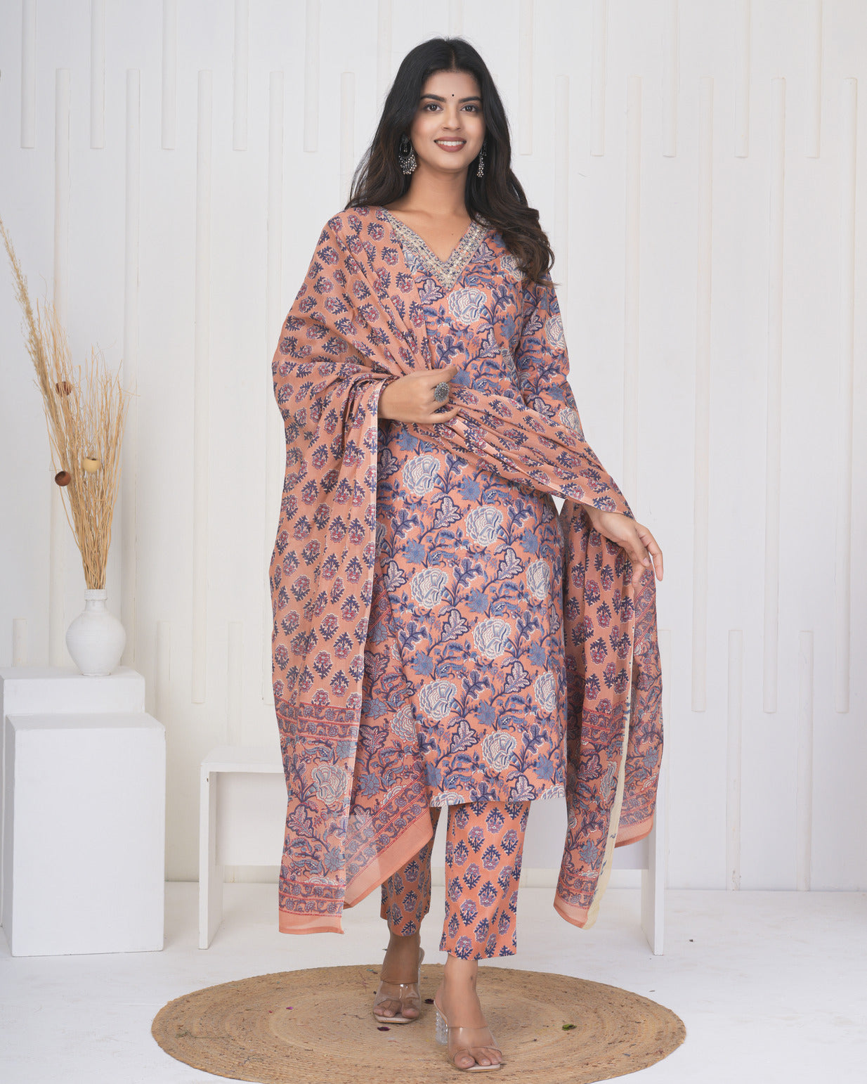 Peach With Floral Cotton Suit Set