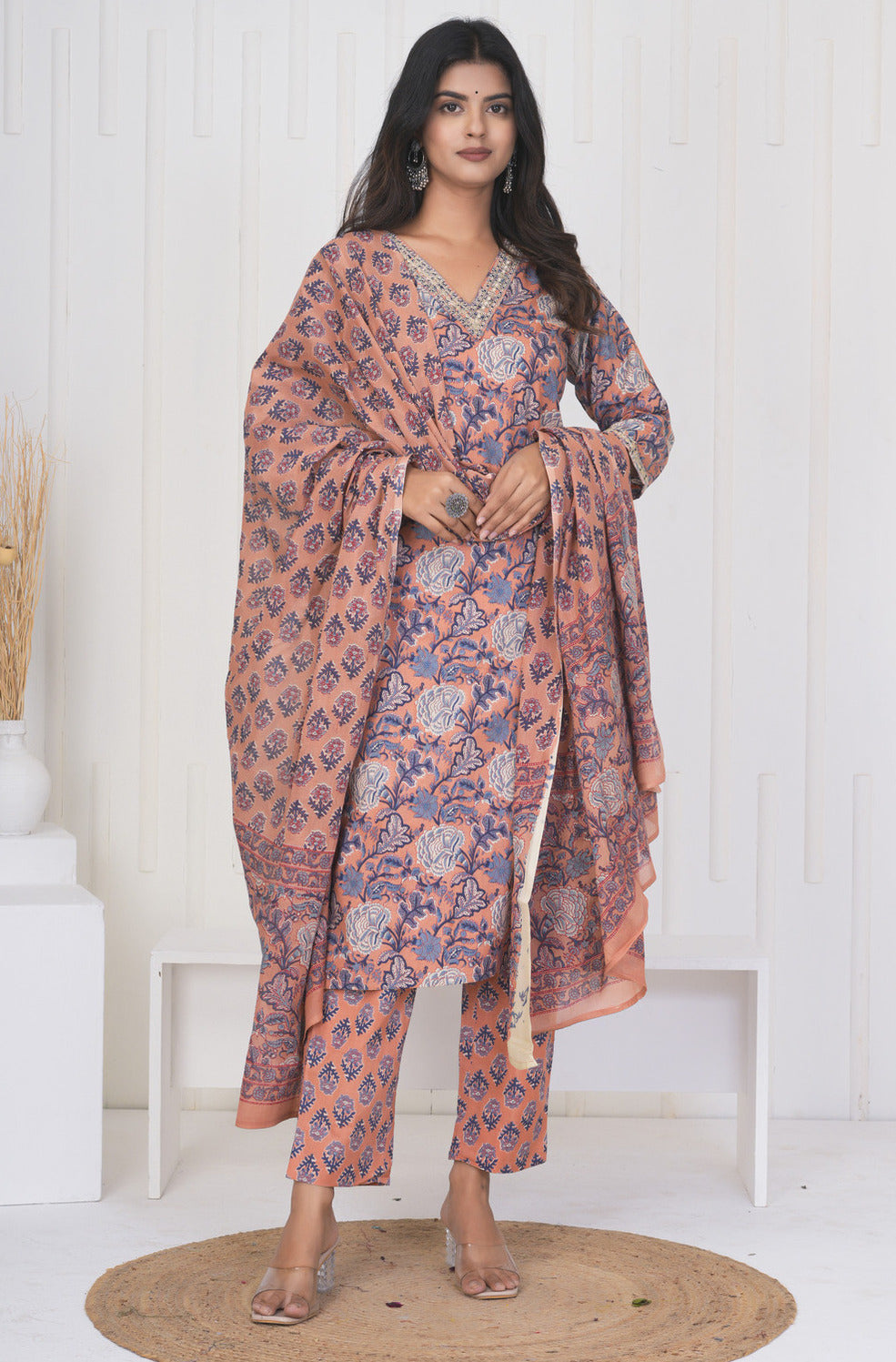 Peach With Floral Cotton Suit Set