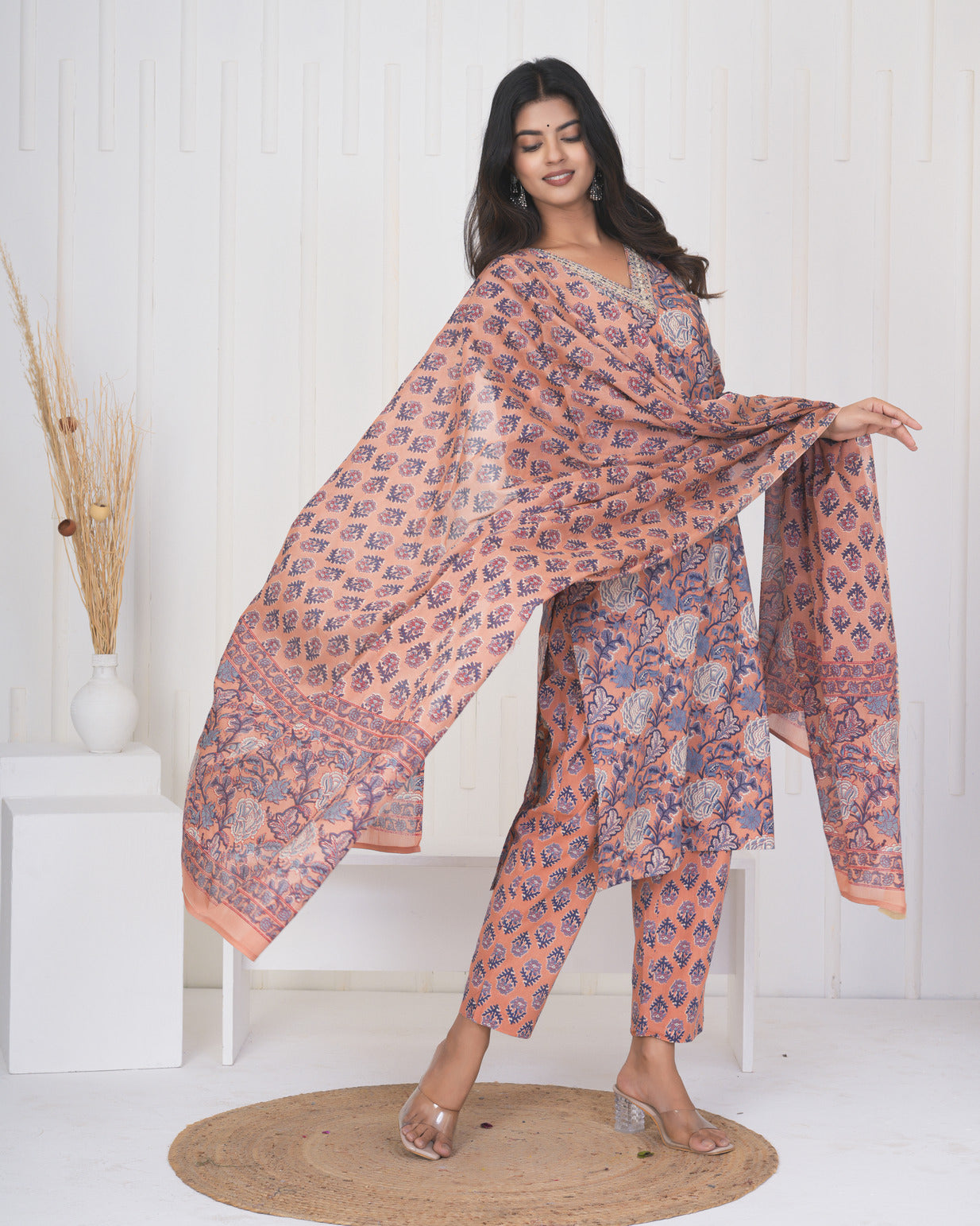 Peach With Floral Cotton Suit Set