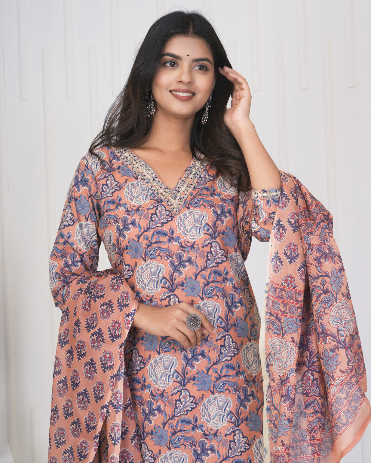 Peach With Floral Cotton Suit Set