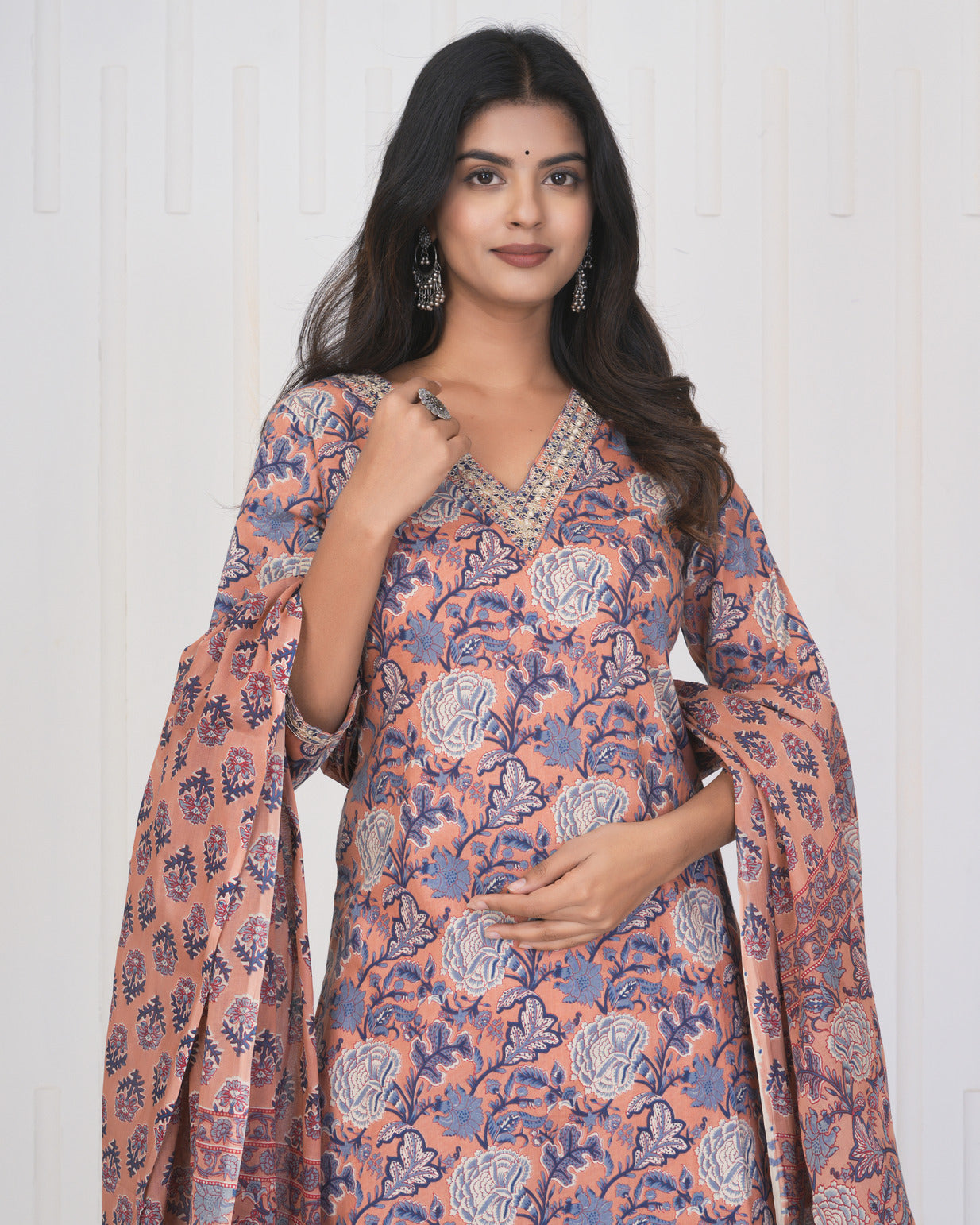 Peach With Floral Cotton Suit Set