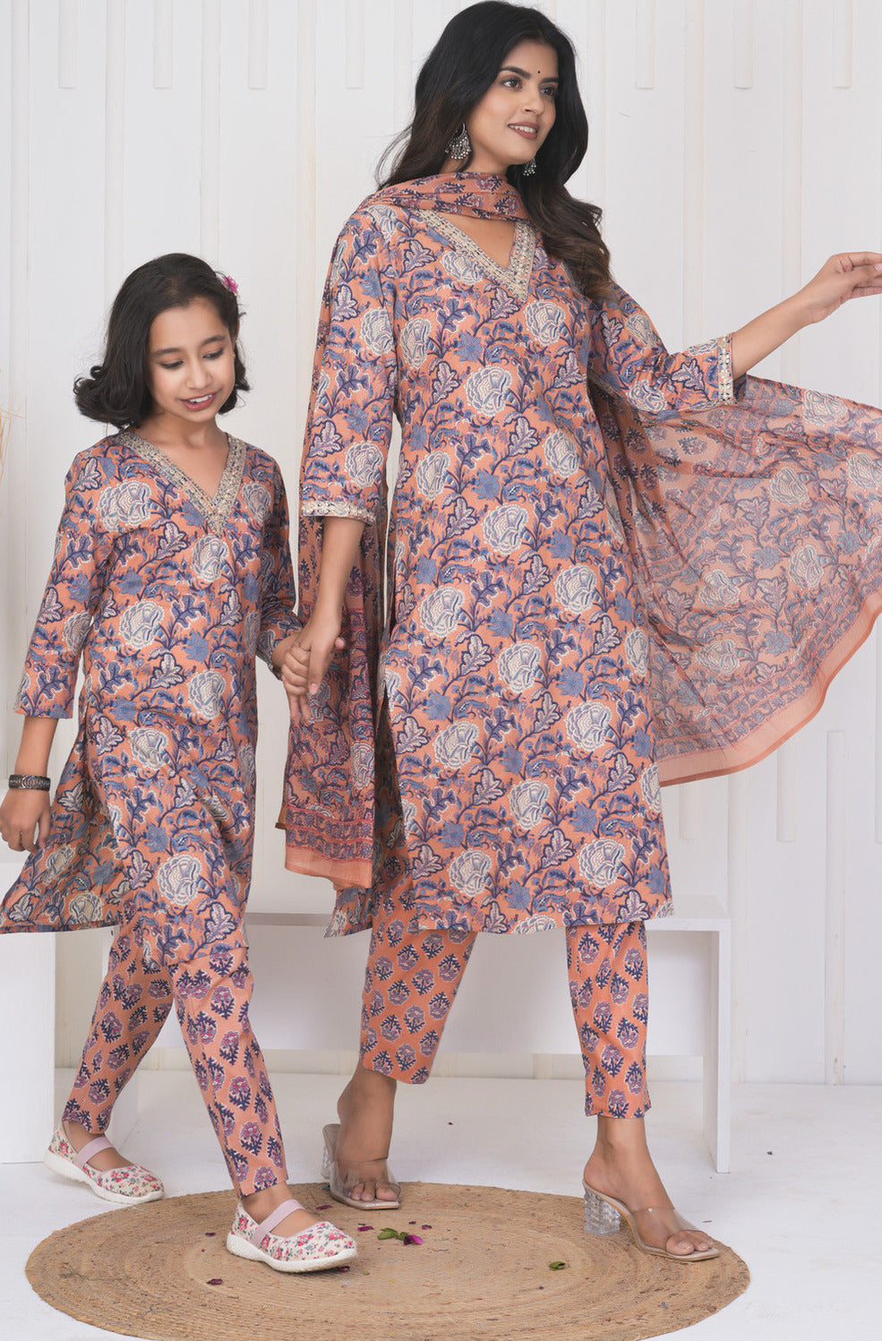 Peach With Floral Cotton Suit Set