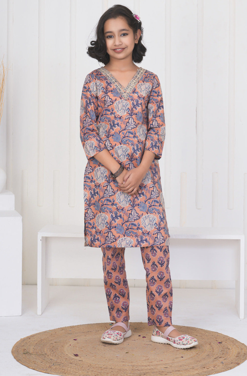 Peach With Floral Cotton Suit Set