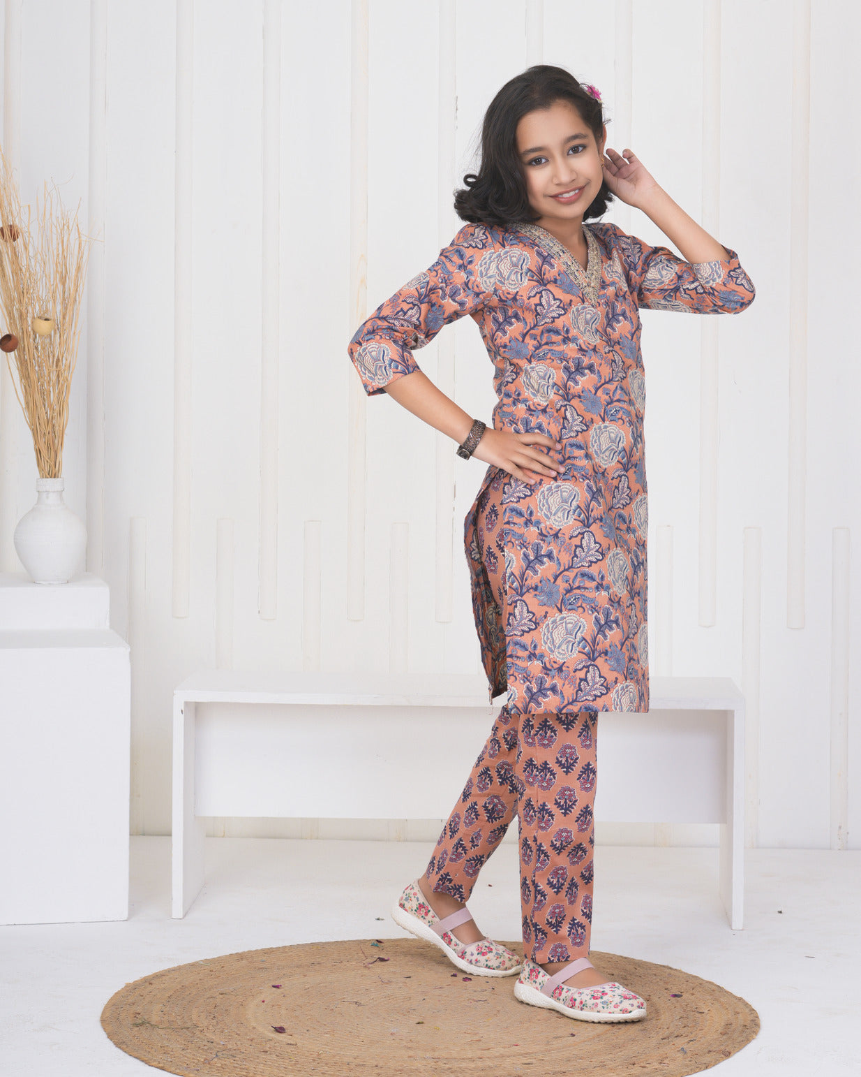 Peach With Floral Cotton Suit Set