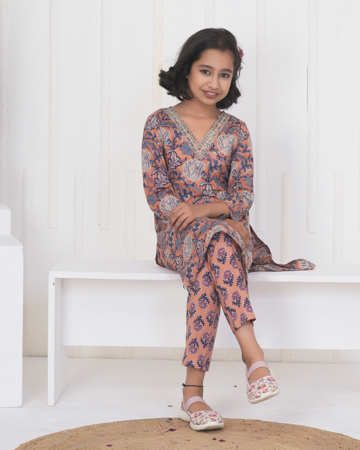 Peach With Floral Cotton Suit Set