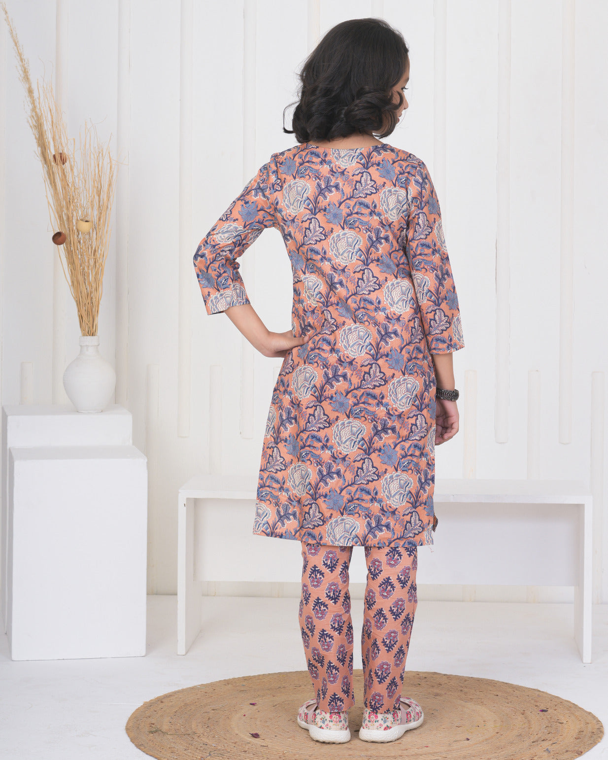 Peach With Floral Cotton Suit Set