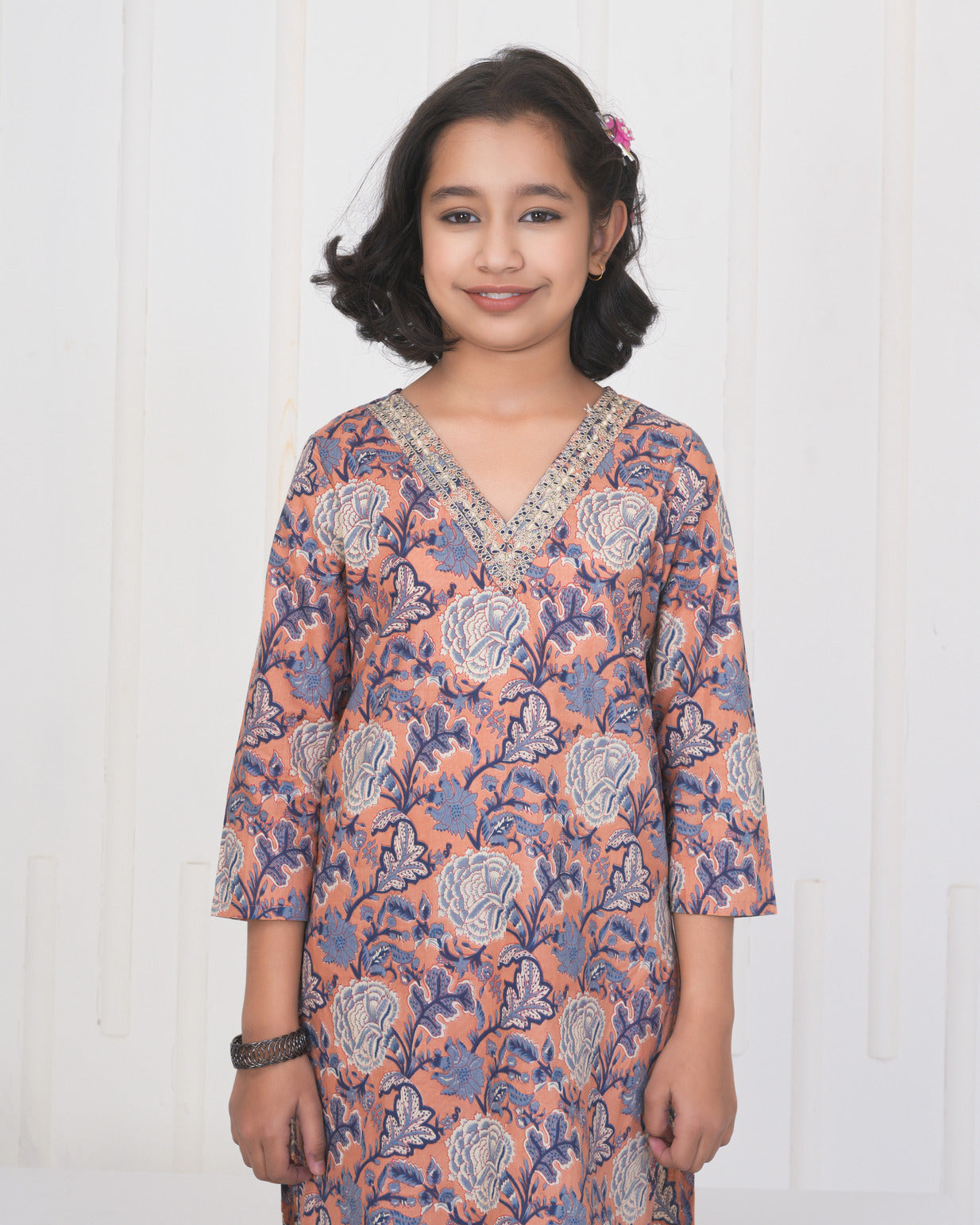 Peach With Floral Cotton Suit Set