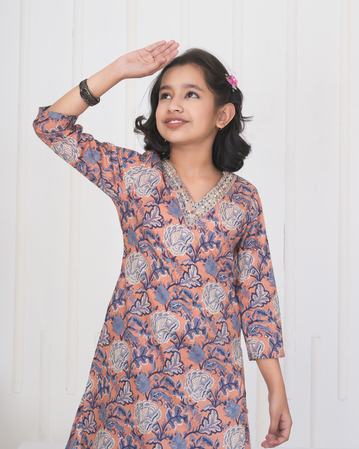 Peach With Floral Cotton Suit Set