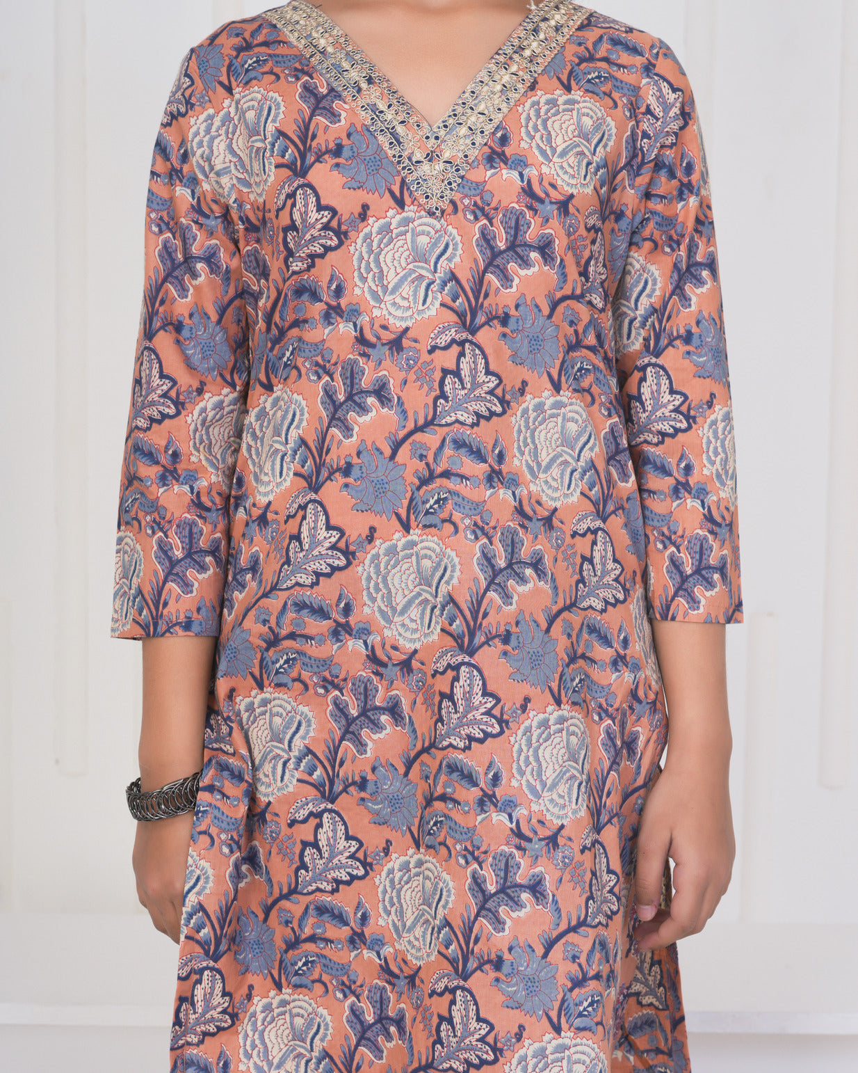 Peach With Floral Cotton Suit Set