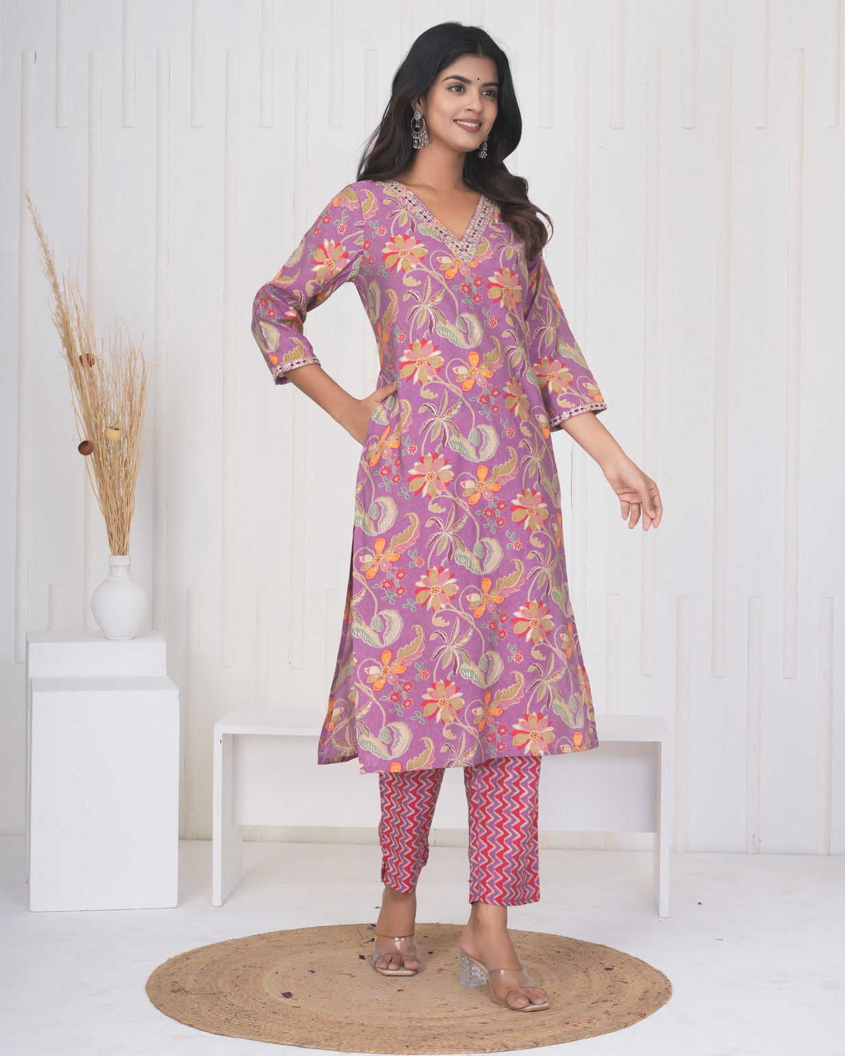 Pink Floral Embroidered and Embellished Maslin Suit Set