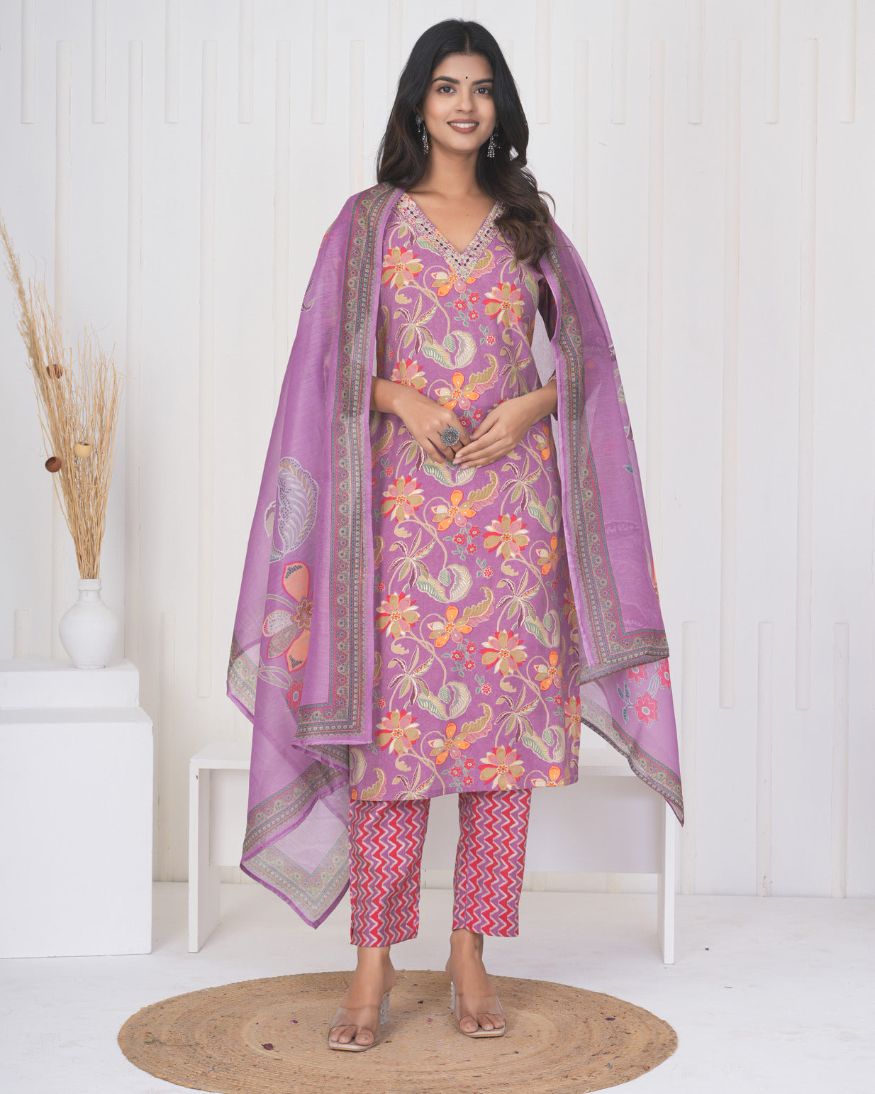 Pink Floral Embroidered and Embellished Maslin Suit Set