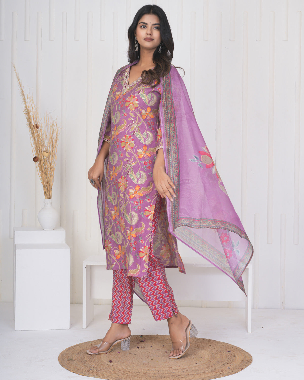 Pink Floral Embroidered and Embellished Maslin Suit Set