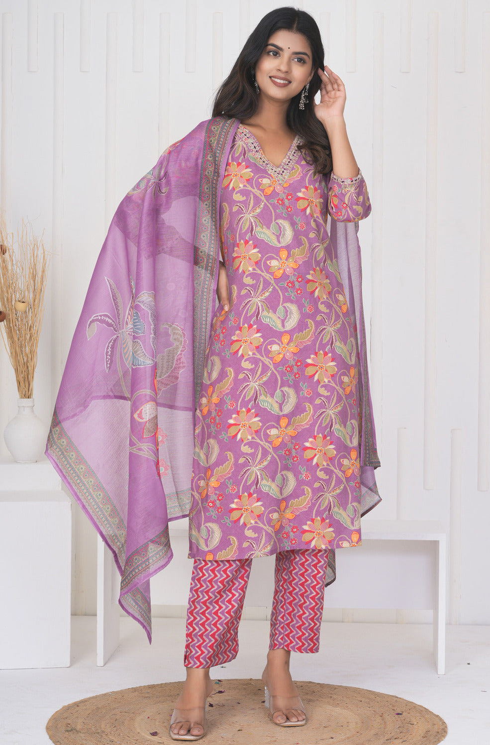 Pink Floral Embroidered and Embellished Maslin Suit Set