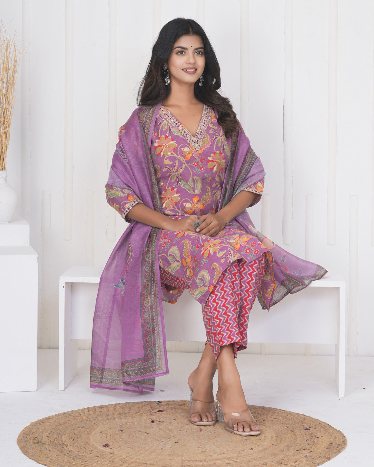 Pink Floral Embroidered and Embellished Maslin Suit Set