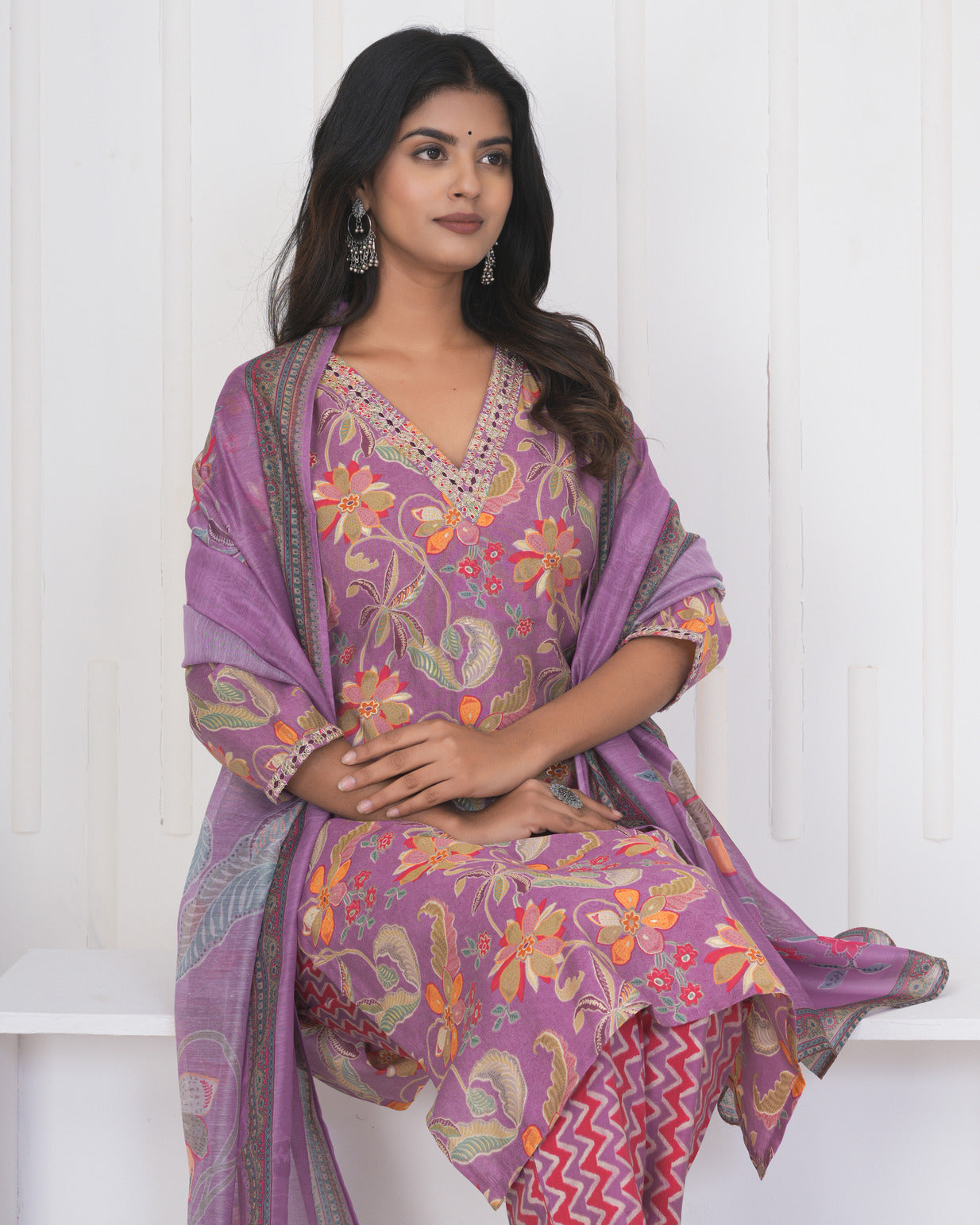 Pink Floral Embroidered and Embellished Maslin Suit Set