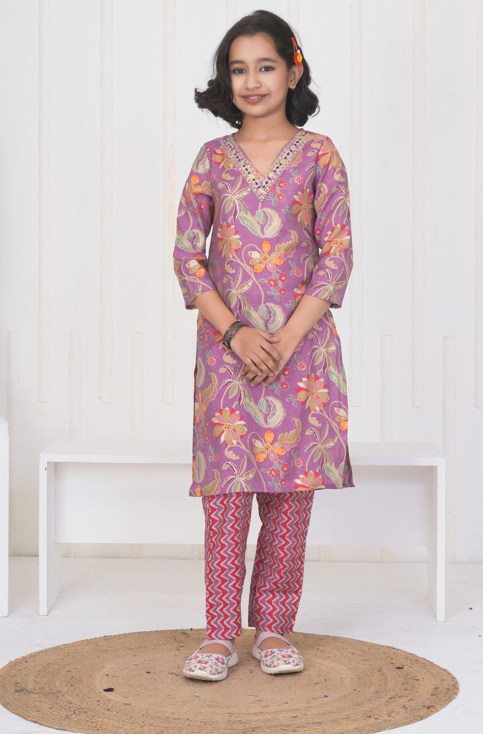 Pink Floral Embroidered and Embellished Maslin Suit Set