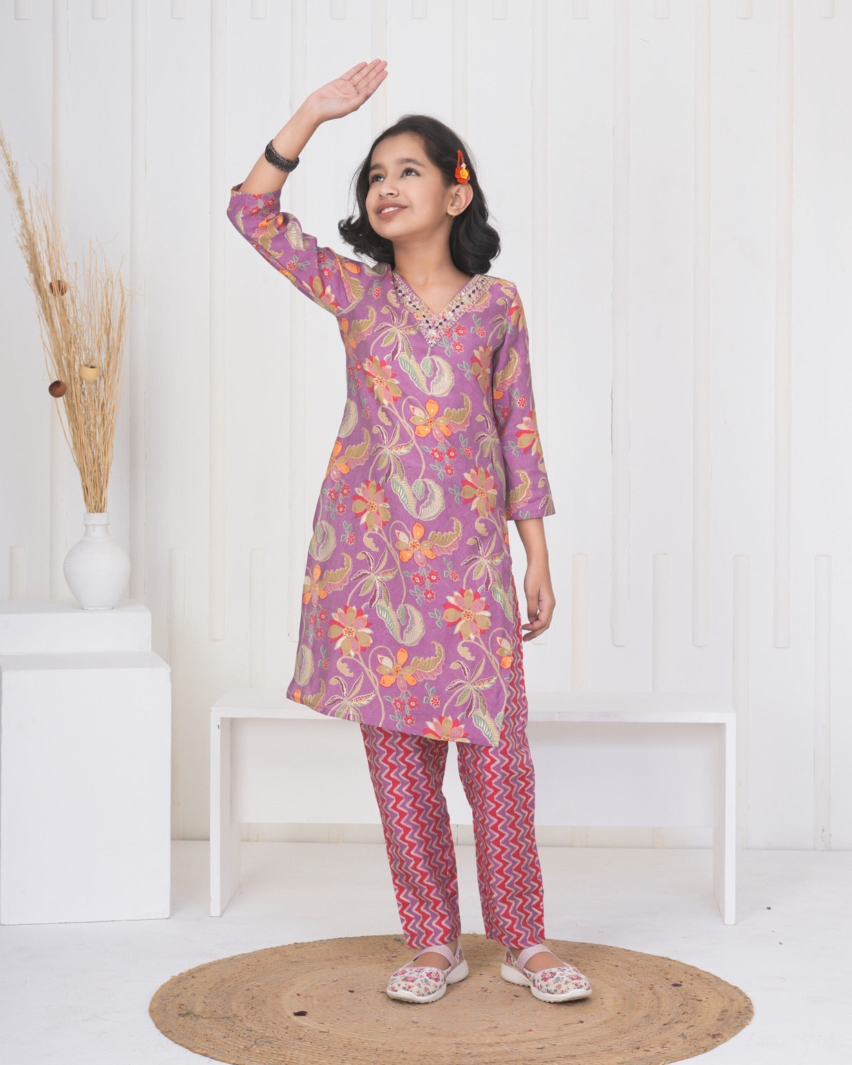 Pink Floral Embroidered and Embellished Maslin Suit Set