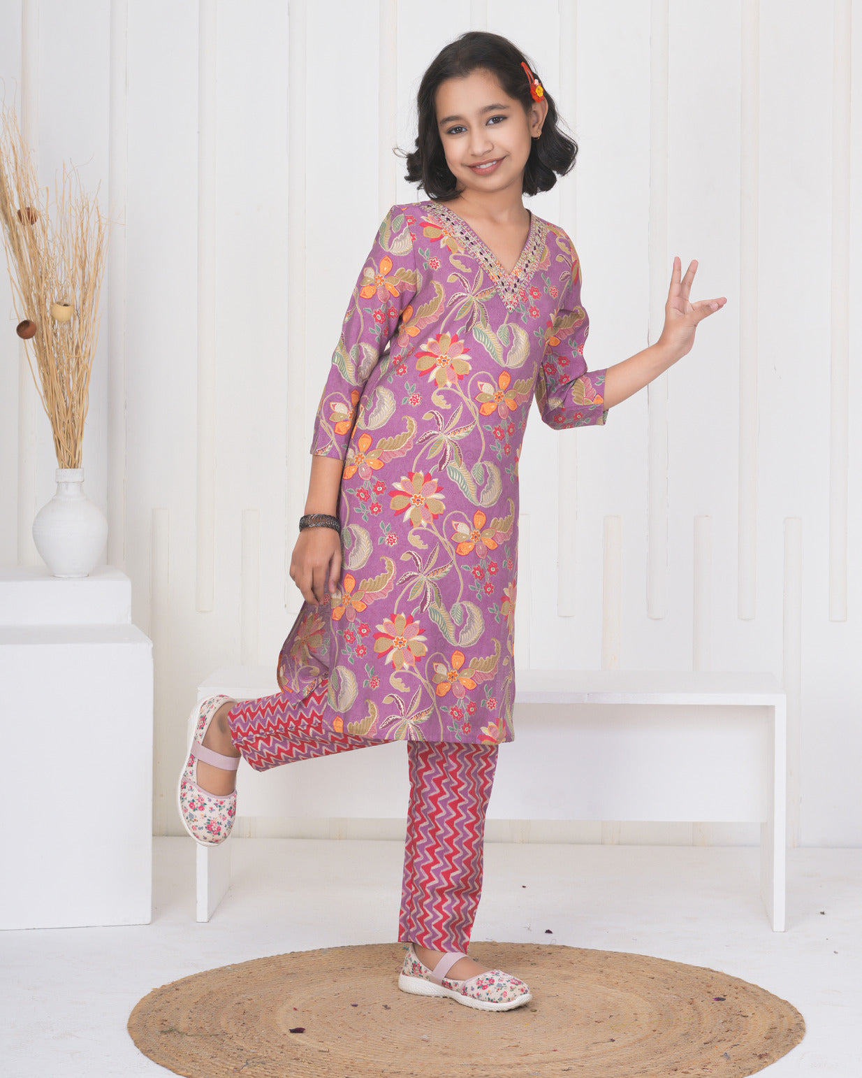 Pink Floral Embroidered and Embellished Maslin Suit Set