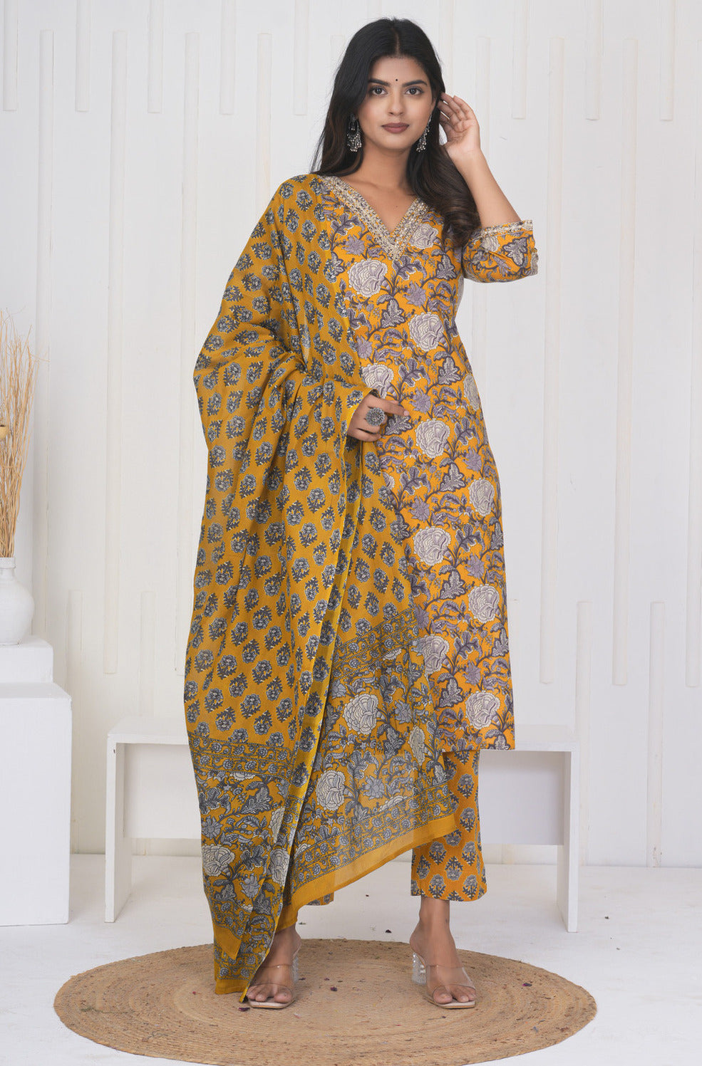 Turmeric With Floral Cotton Suit Set