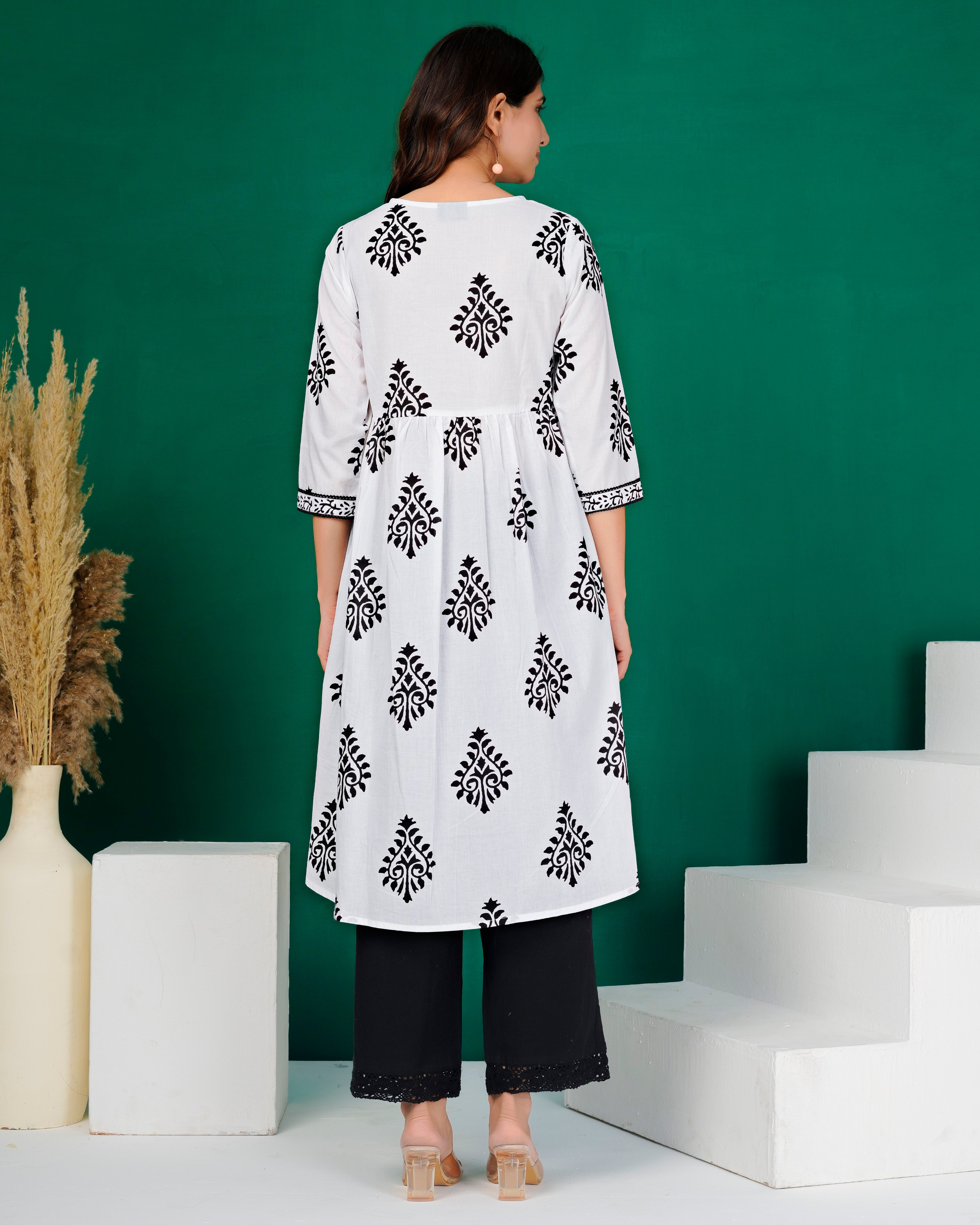 White Hand-Block Patch Yoke Cotton Kurti