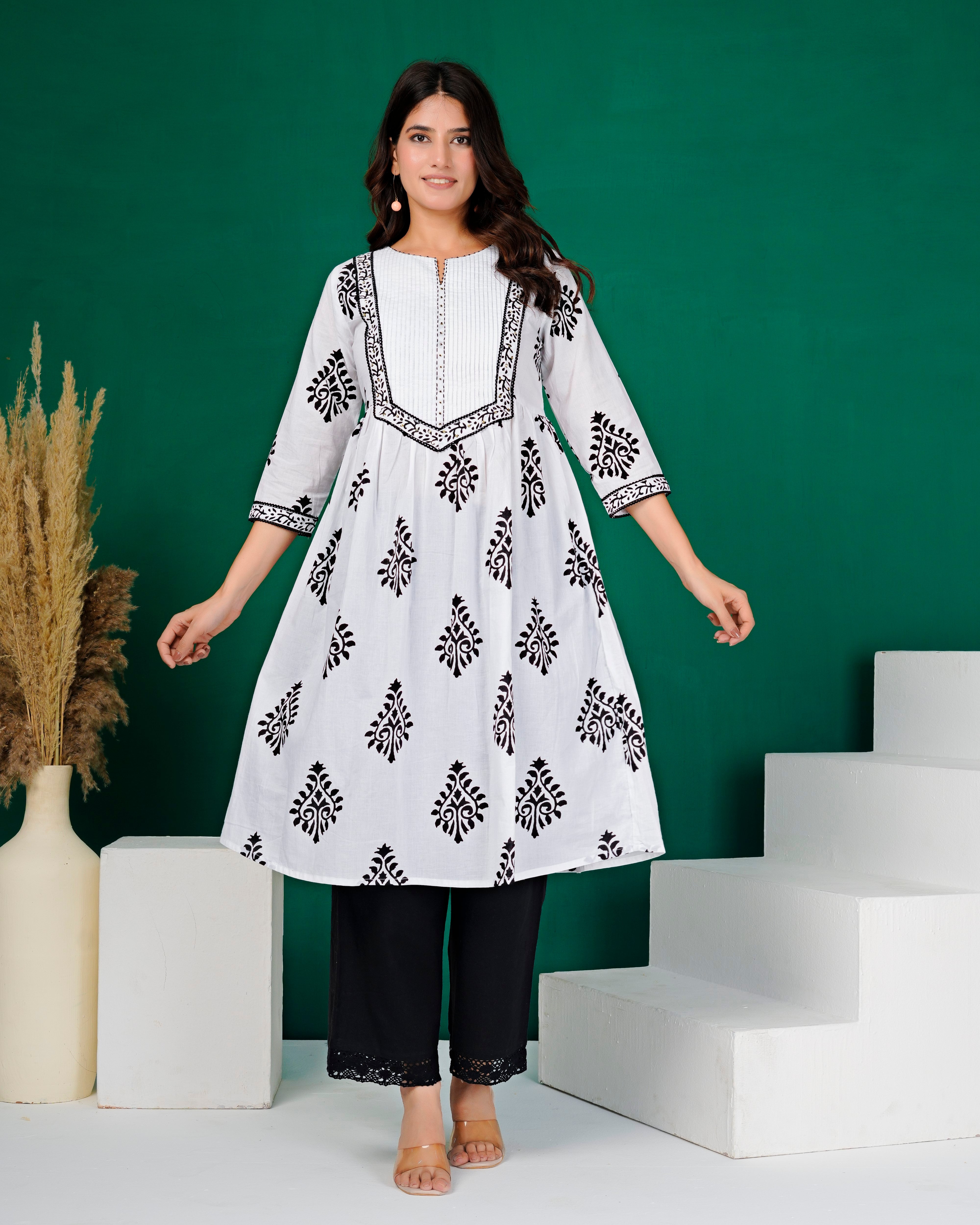 White Hand-Block Patch Yoke Cotton Kurti