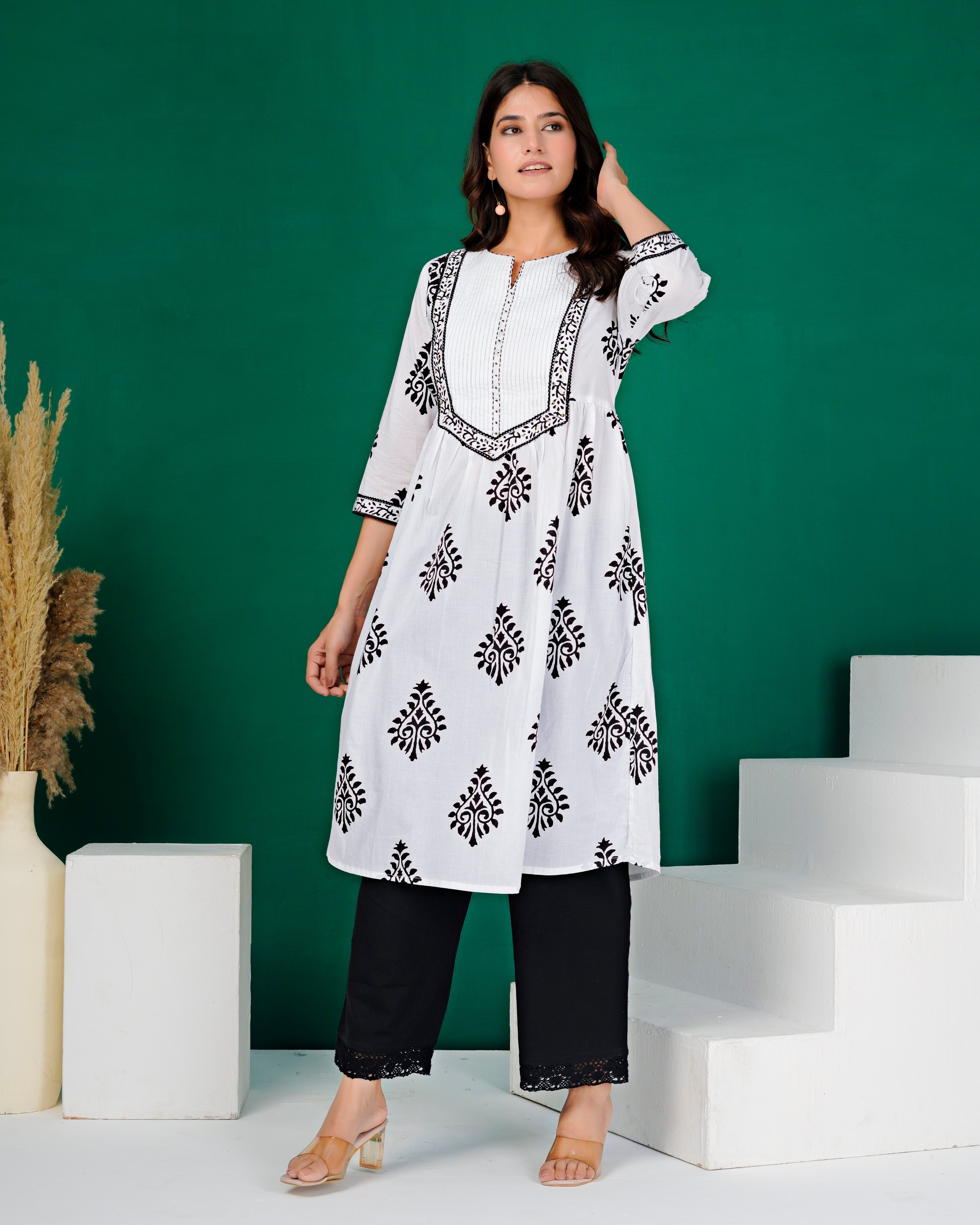 White Hand-Block Patch Yoke Cotton Kurti
