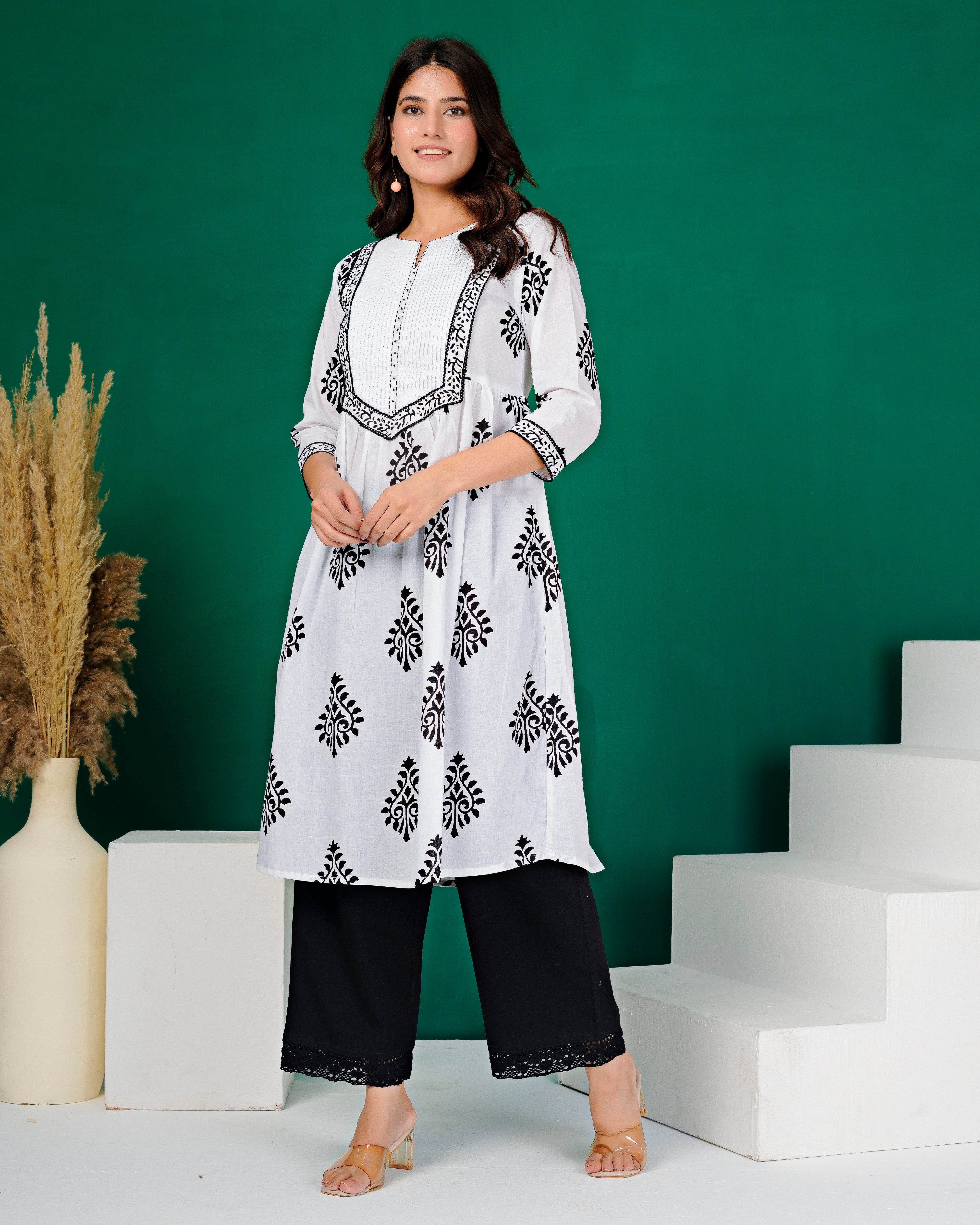 White Hand-Block Patch Yoke Cotton Kurti