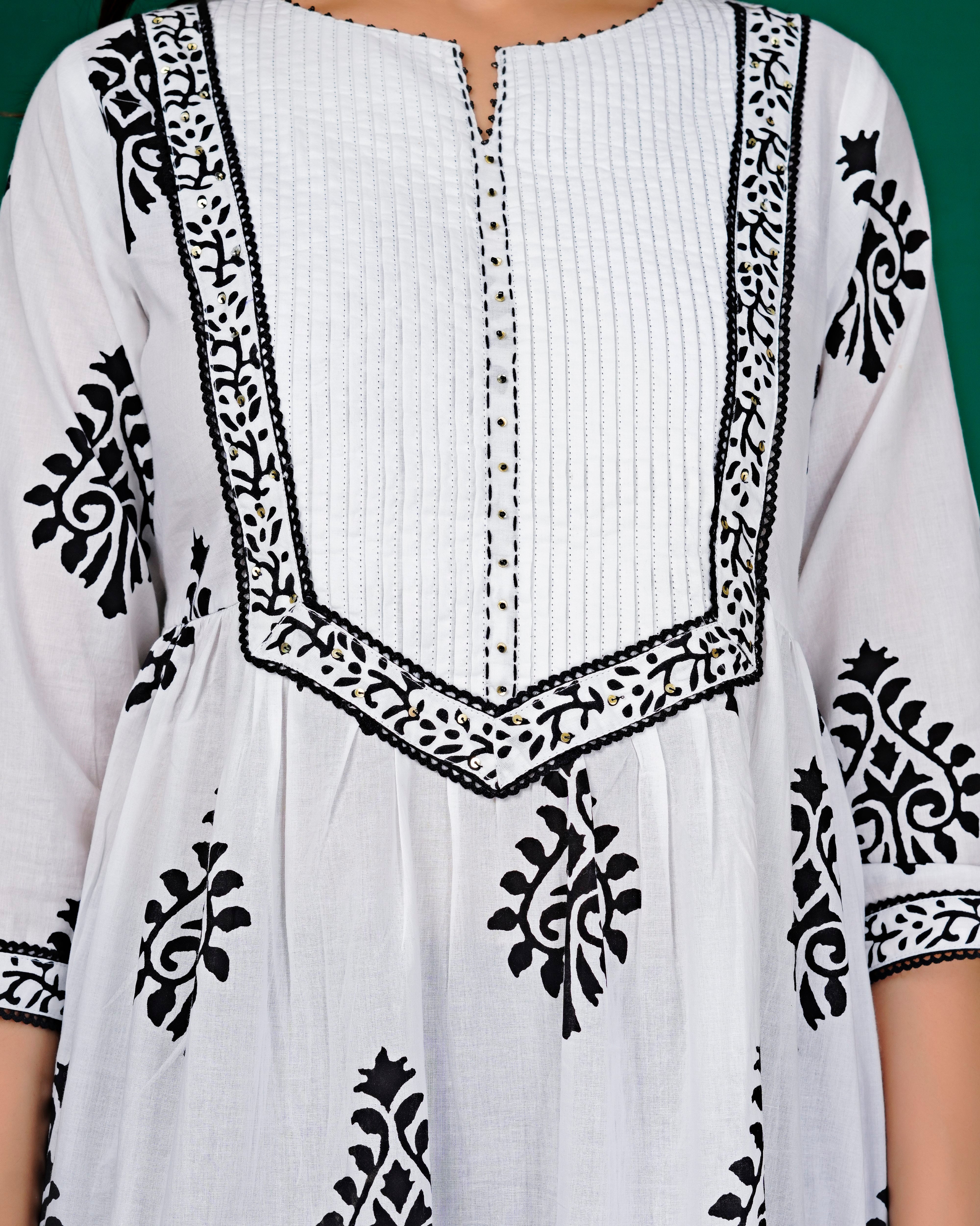 White Hand-Block Patch Yoke Cotton Kurti