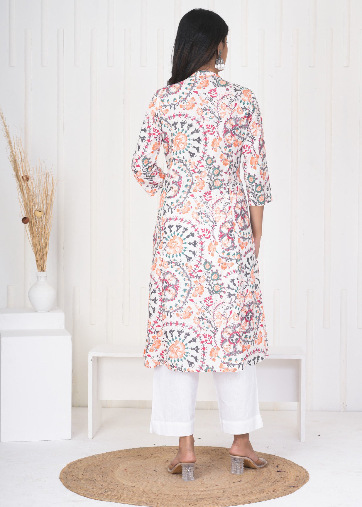 White With Orange Multicolor Floral Print Cotton Kurti