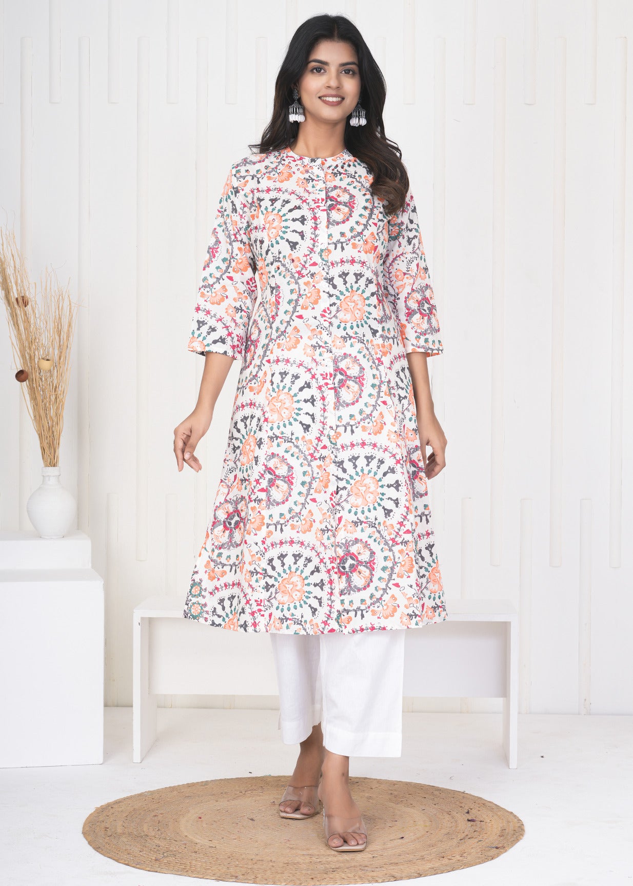 White With Orange Multicolor Floral Print Cotton Kurti