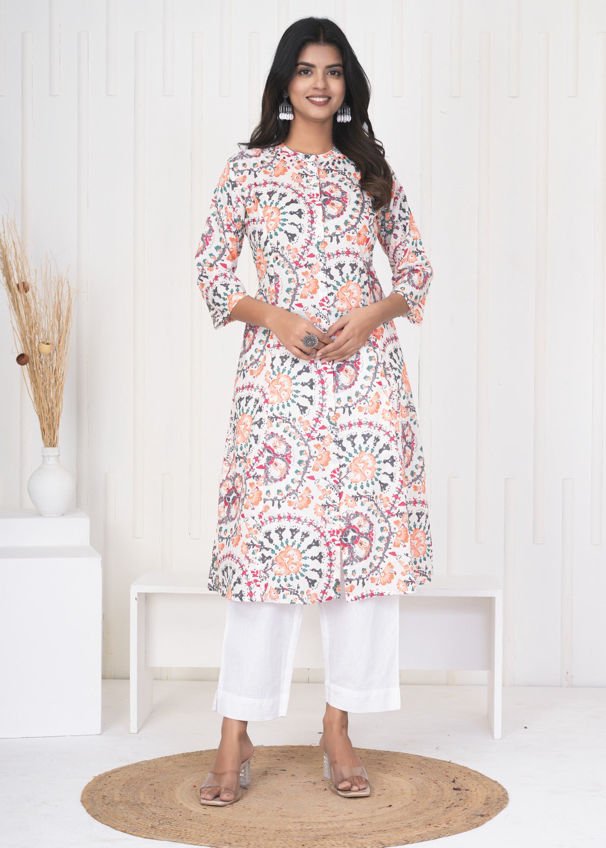 White With Orange Multicolor Floral Print Cotton Kurti