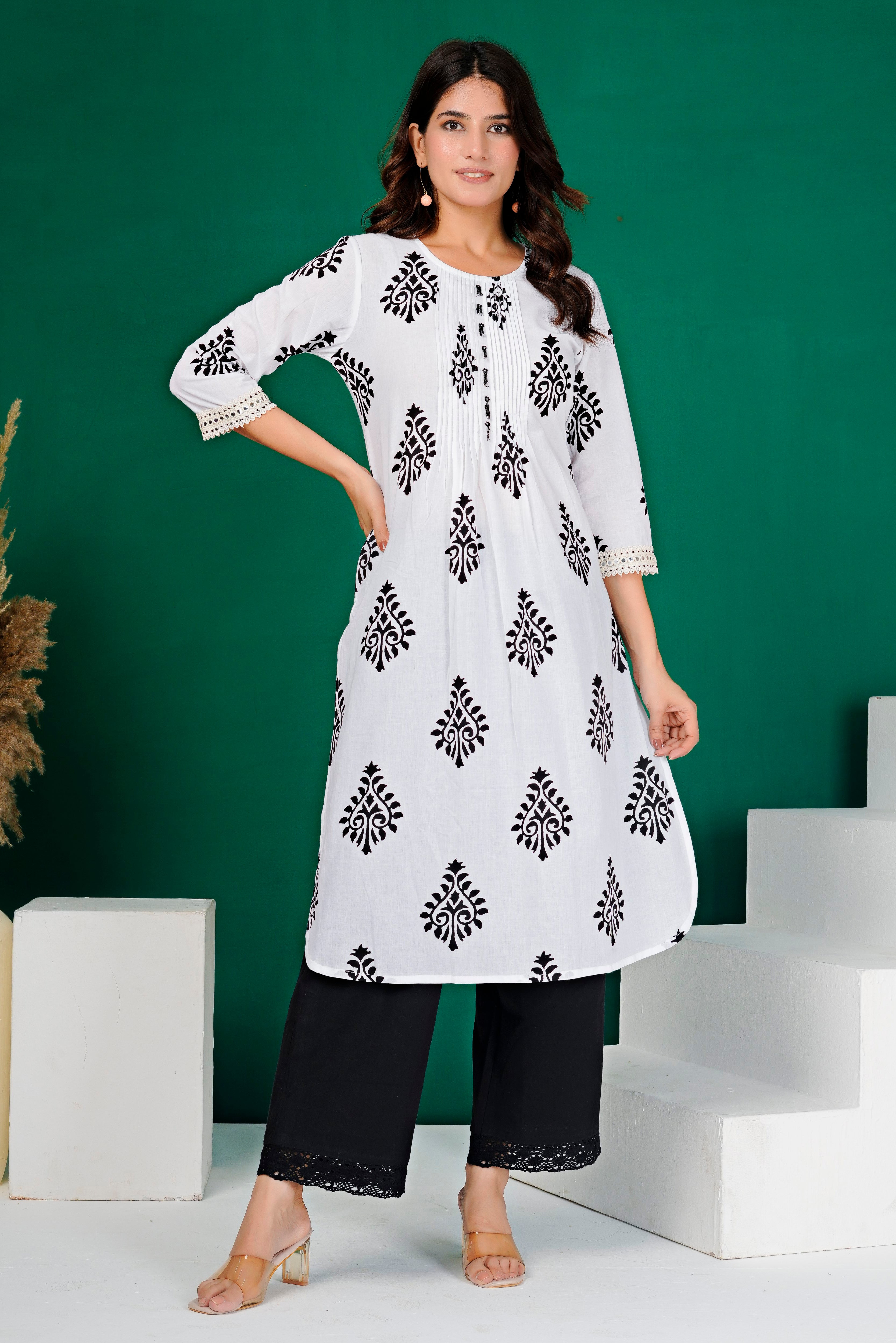 White Floral Motif Straight Cut Cotton Kurti