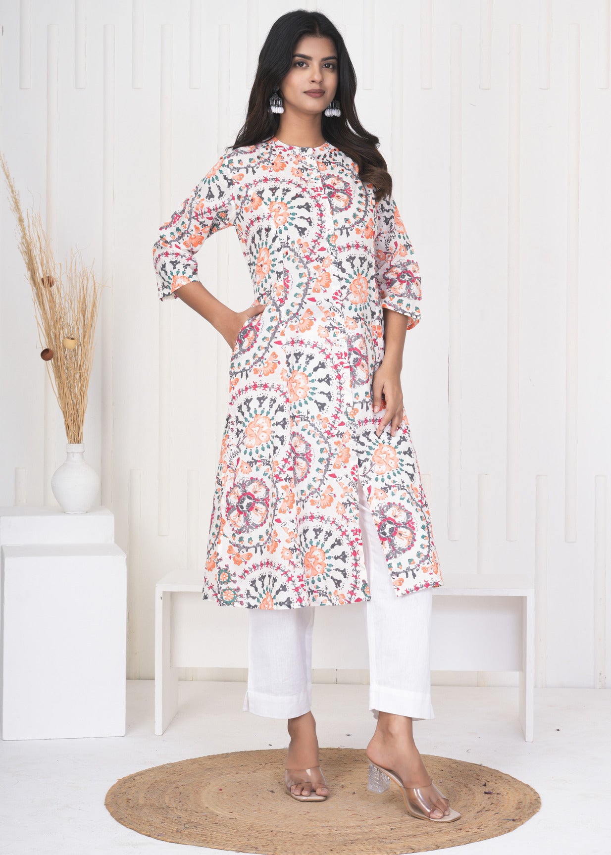 White With Orange Multicolor Floral Print Cotton Kurti