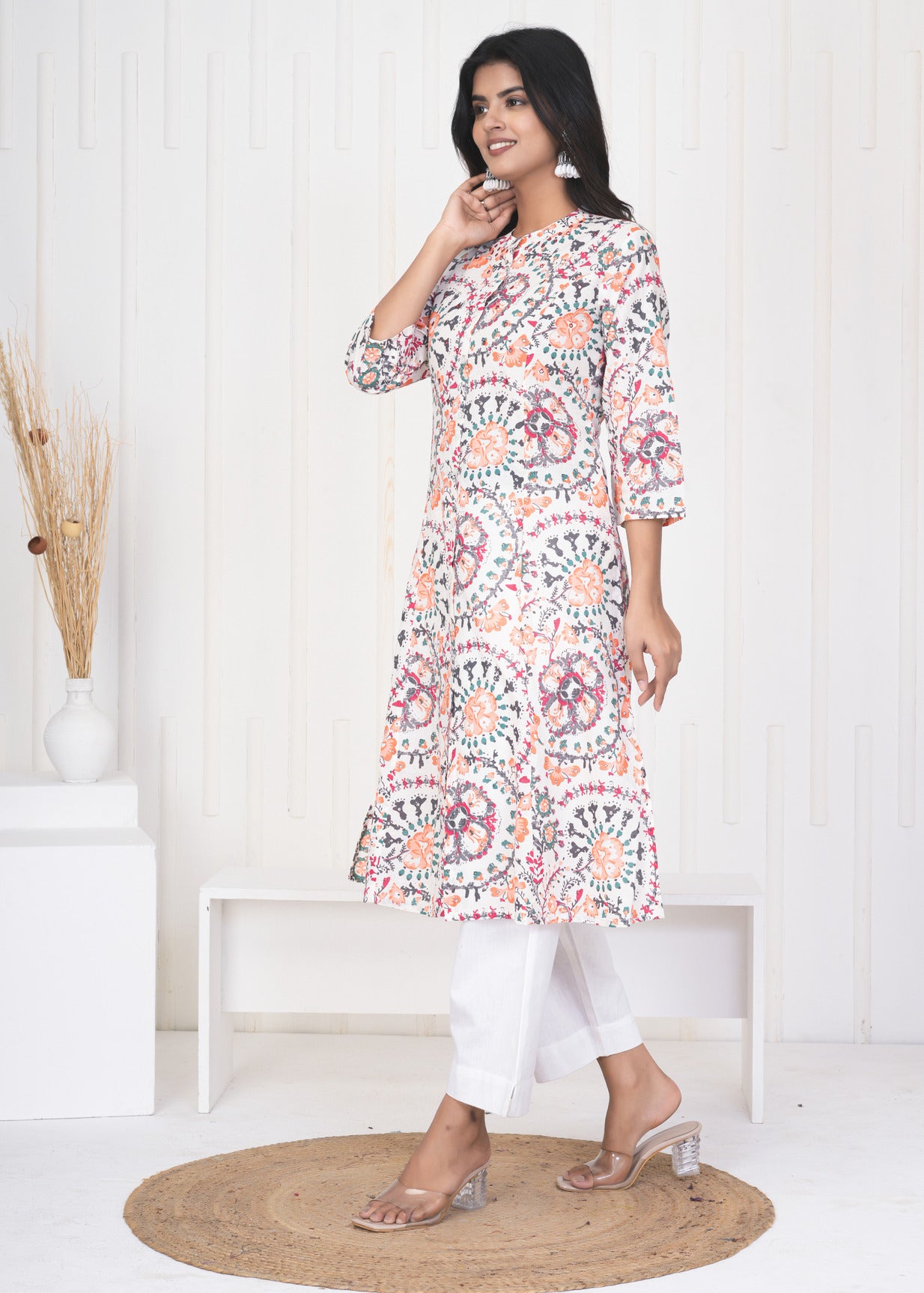 White With Orange Multicolor Floral Print Cotton Kurti