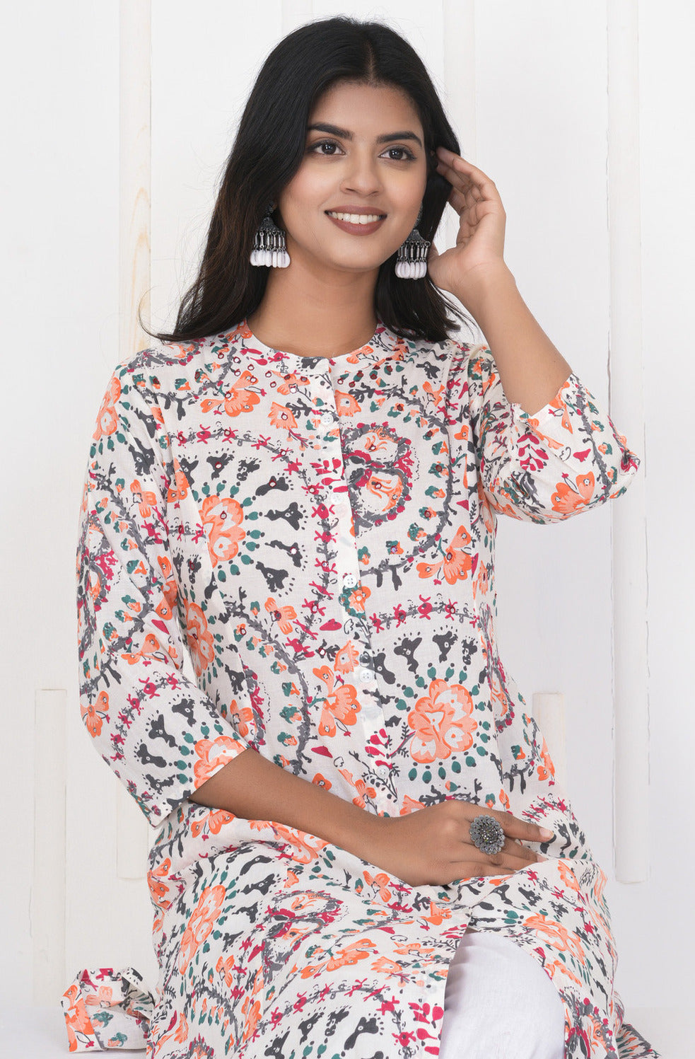 White With Orange Multicolor Floral Print Cotton Kurti