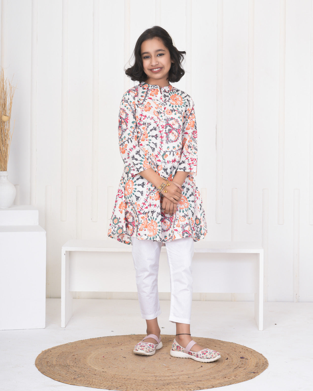 White With Orange Multicolor Floral Print Cotton Kurti