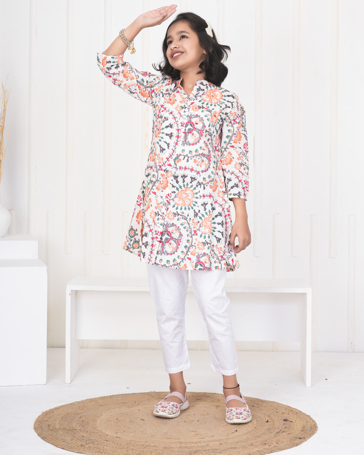 White With Orange Multicolor Floral Print Cotton Kurti