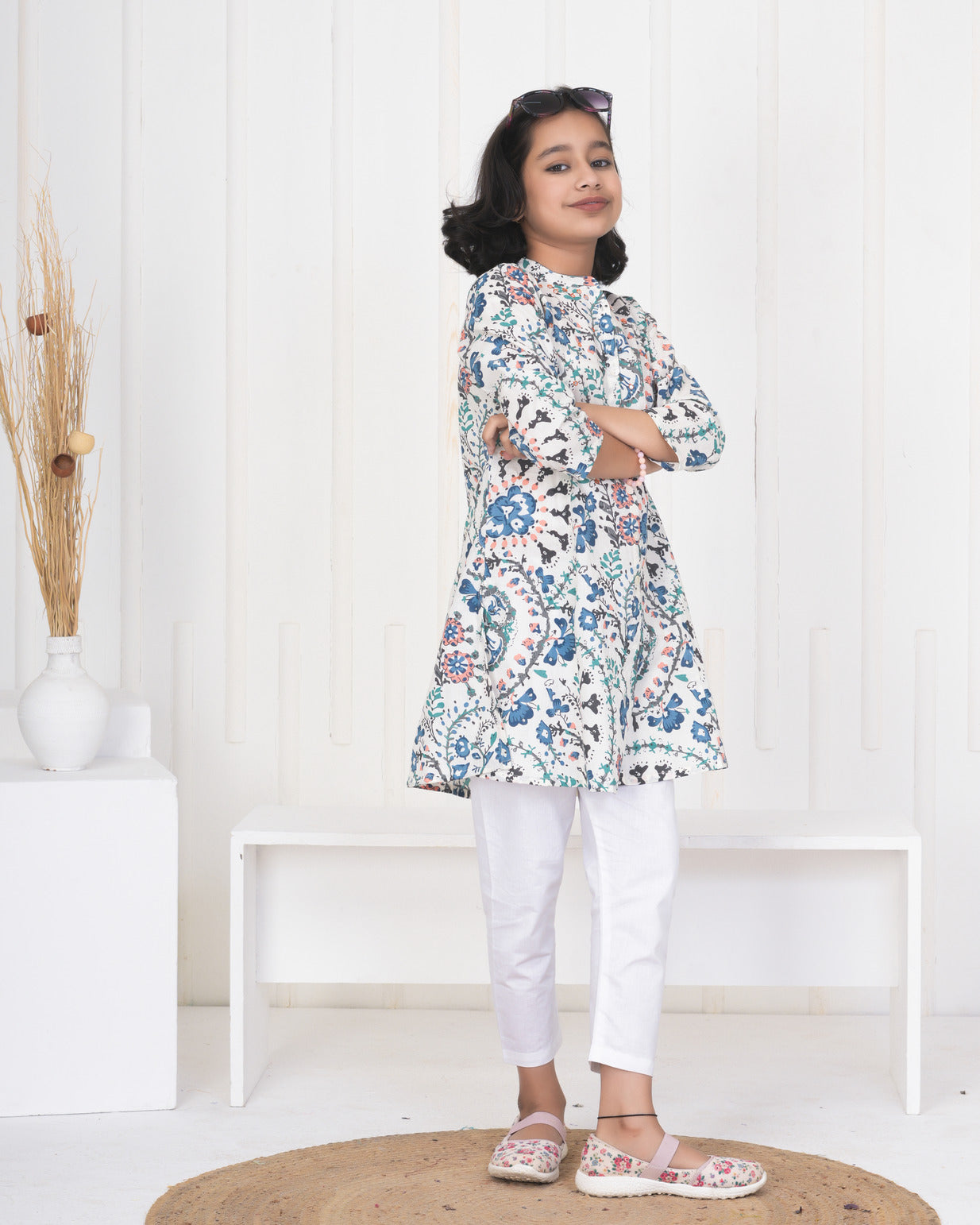 White With Blue Multicolor Floral Print Cotton Kurti