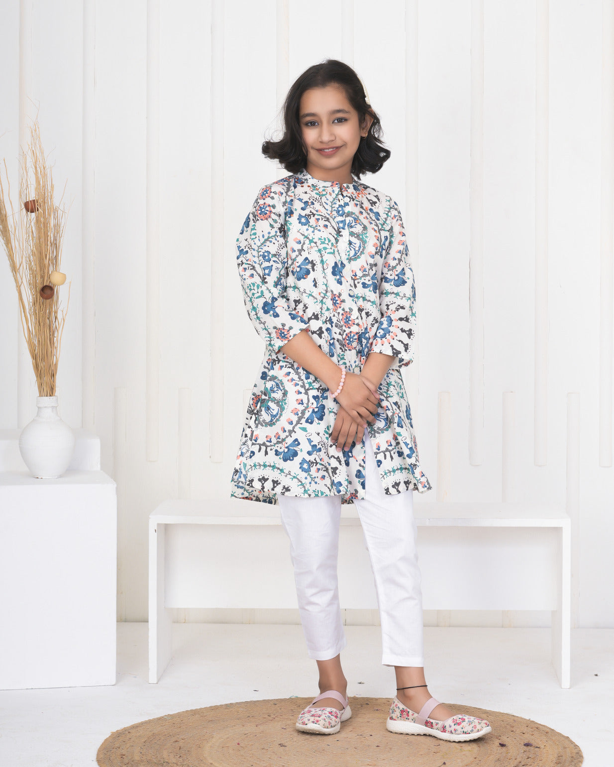 White With Blue Multicolor Floral Print Cotton Kurti