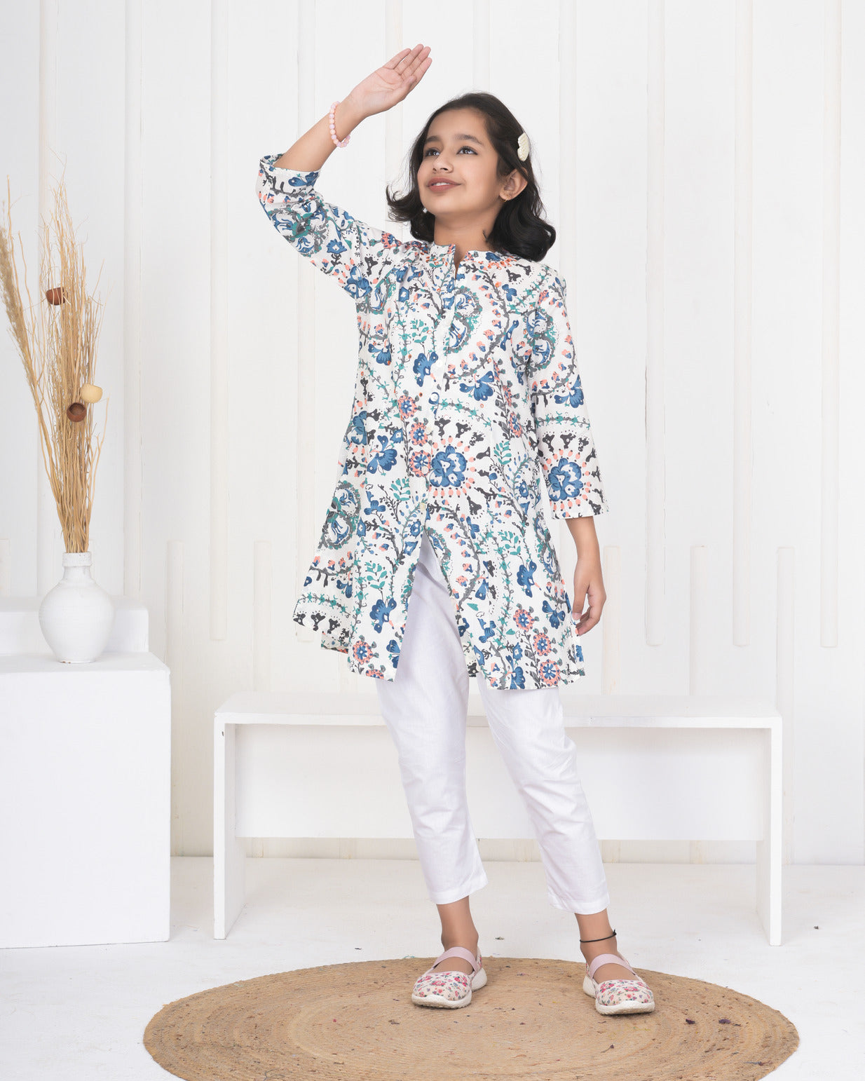 White With Blue Multicolor Floral Print Cotton Kurti