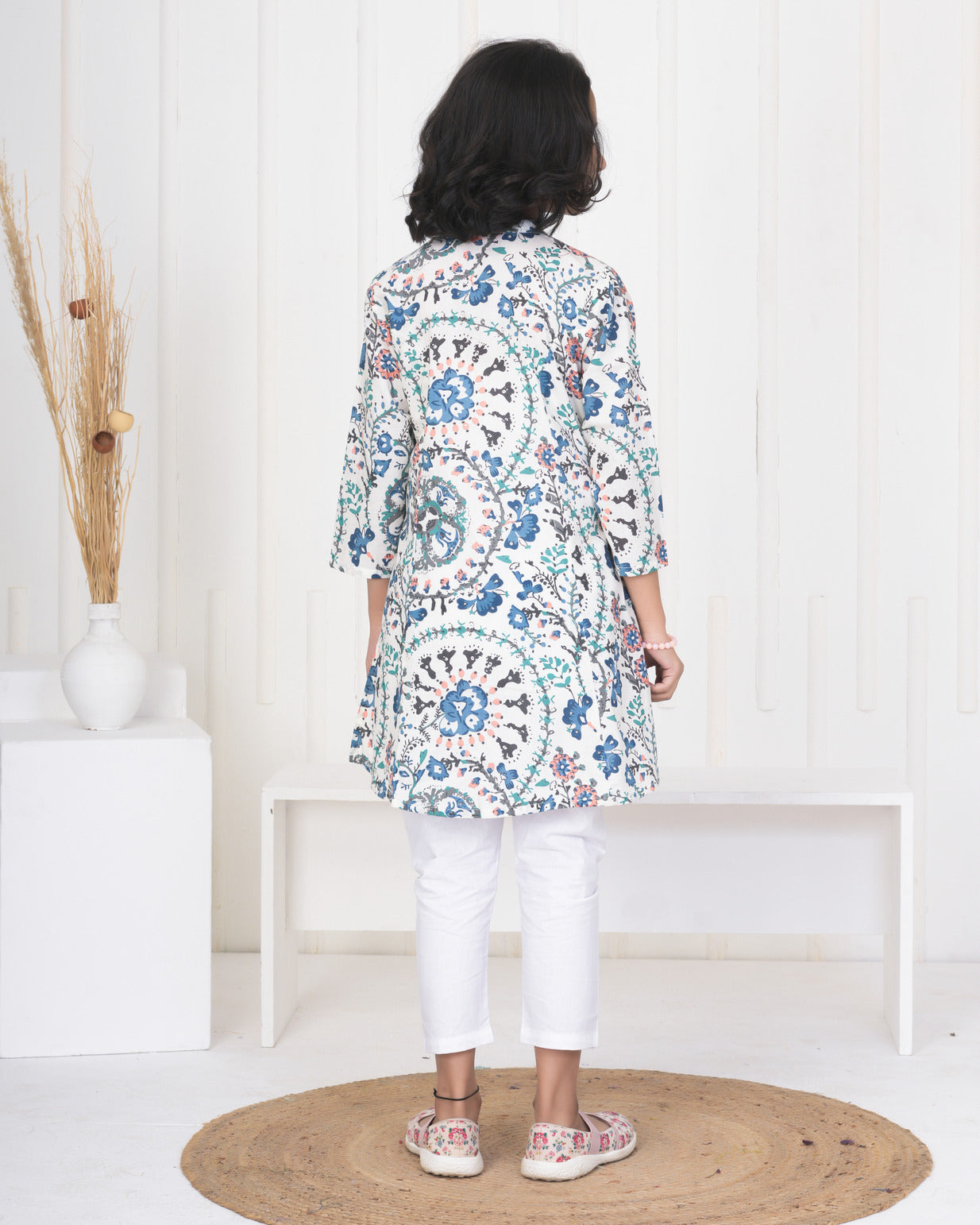 White With Blue Multicolor Floral Print Cotton Kurti