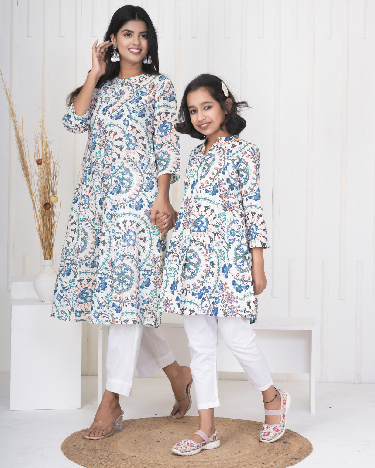 White With Blue Multicolor Floral Print Cotton Kurti